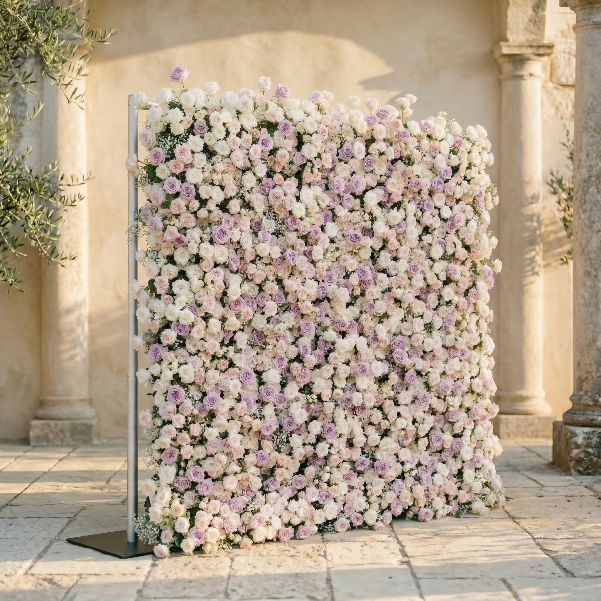 Alirae: 5D Sweet Lilac &amp; Cream Silk Rose Flower Wall Roll-Up Fabric Backdrop for Elegant Anniversary &amp; Event Decor