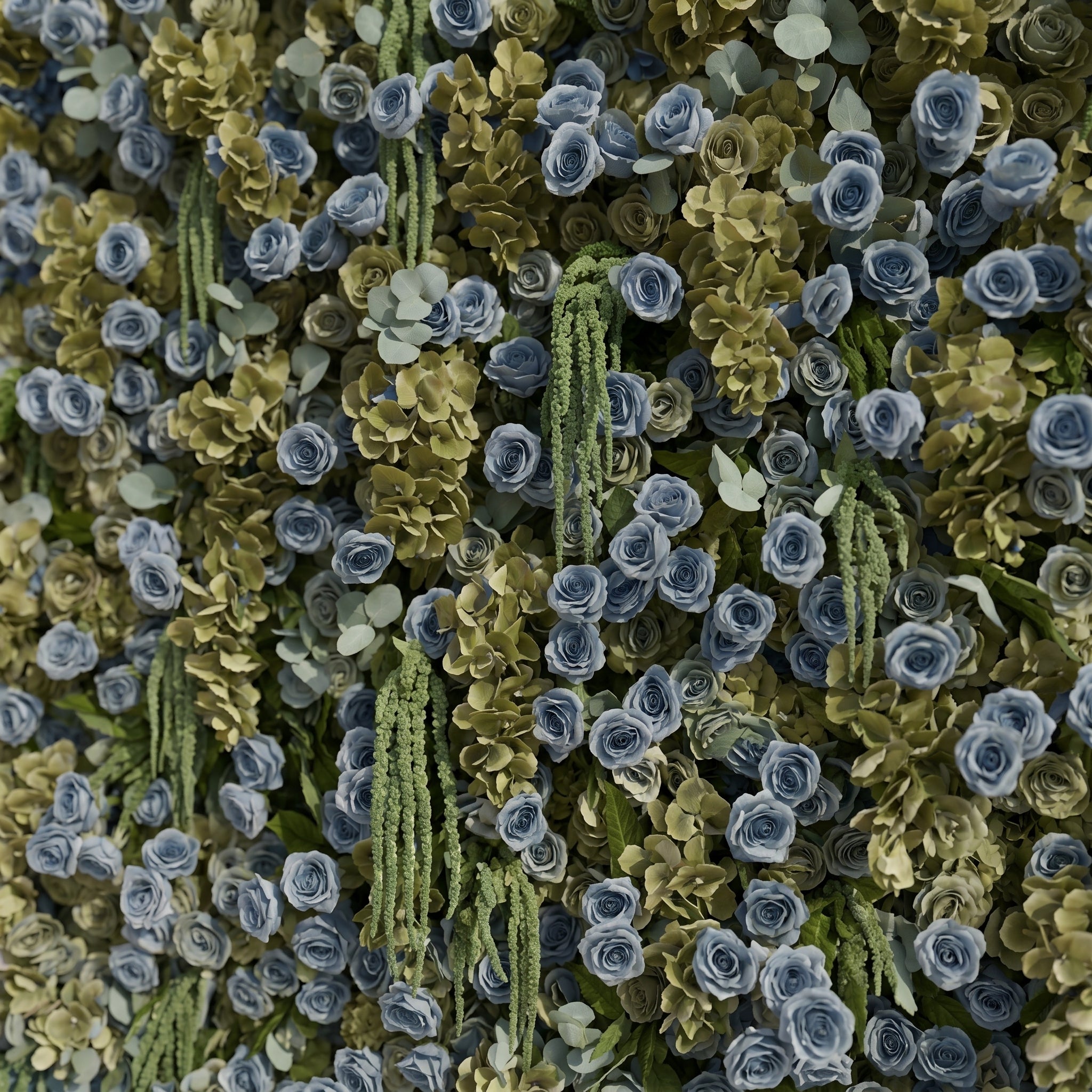 Arelbelle: Luxury 5D Dusty Blue &amp; Olive Green Silk Floral Wall Roll-Up Backdrop for Moody Elegant Weddings