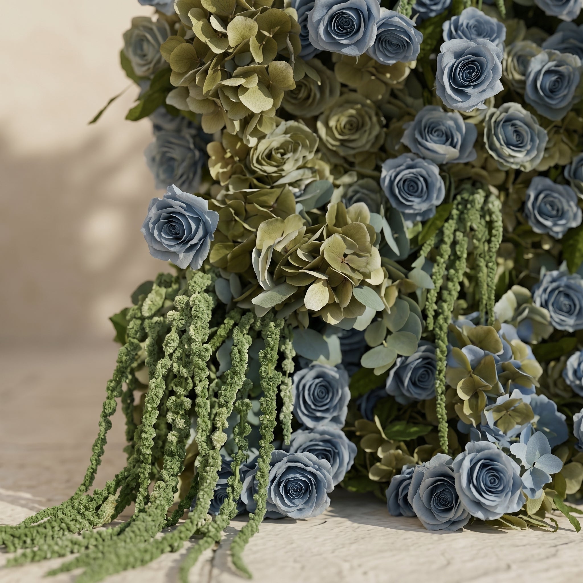 Arelbelle: Luxury 5D Dusty Blue &amp; Olive Green Silk Floral Wall Roll-Up Backdrop for Moody Elegant Weddings
