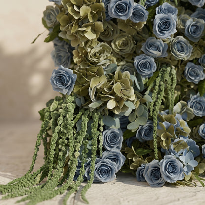 Arelbelle: Luxury 5D Dusty Blue &amp; Olive Green Silk Floral Wall Roll-Up Backdrop for Moody Elegant Weddings