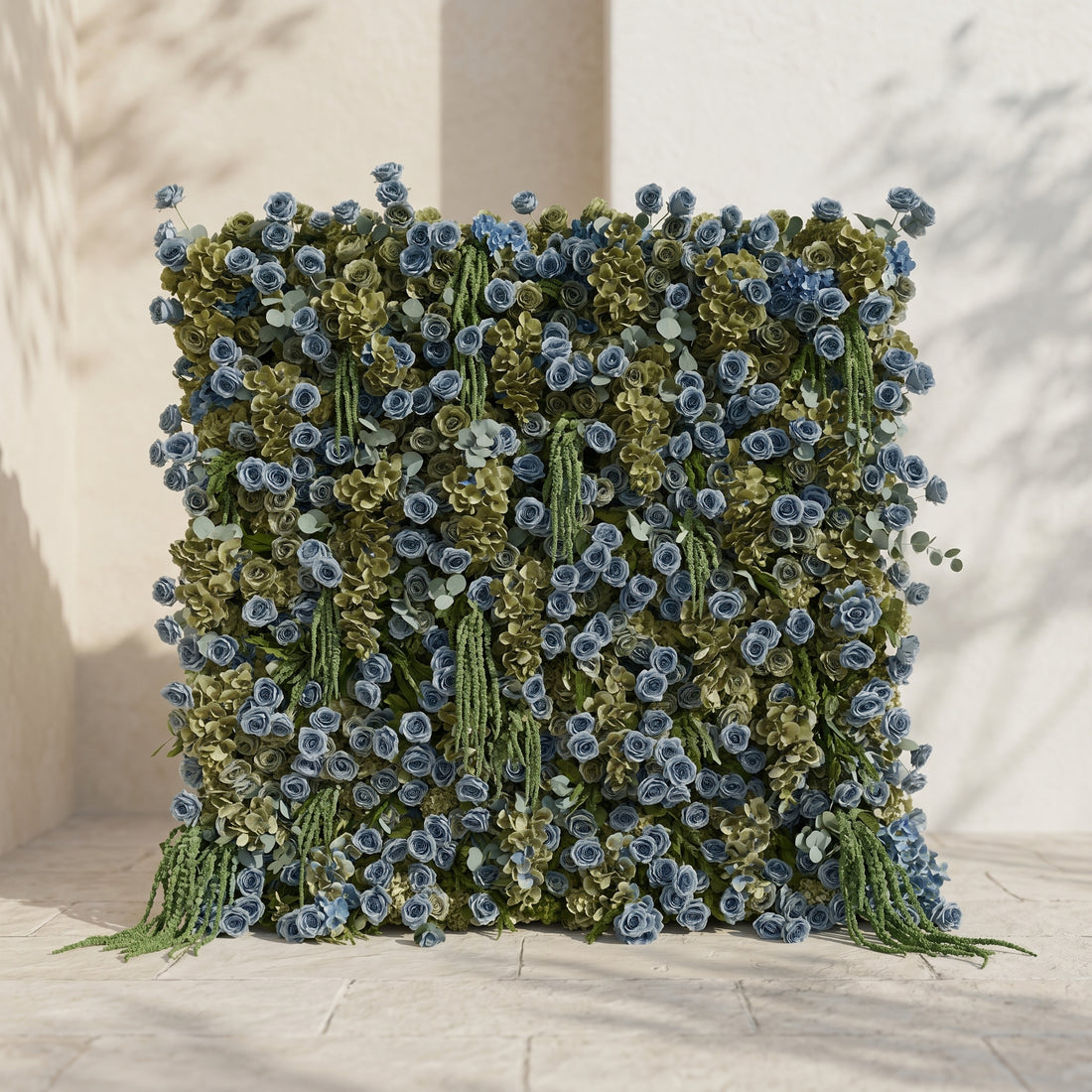 Arelbelle: Luxury 5D Dusty Blue &amp; Olive Green Silk Floral Wall Roll-Up Backdrop for Moody Elegant Weddings