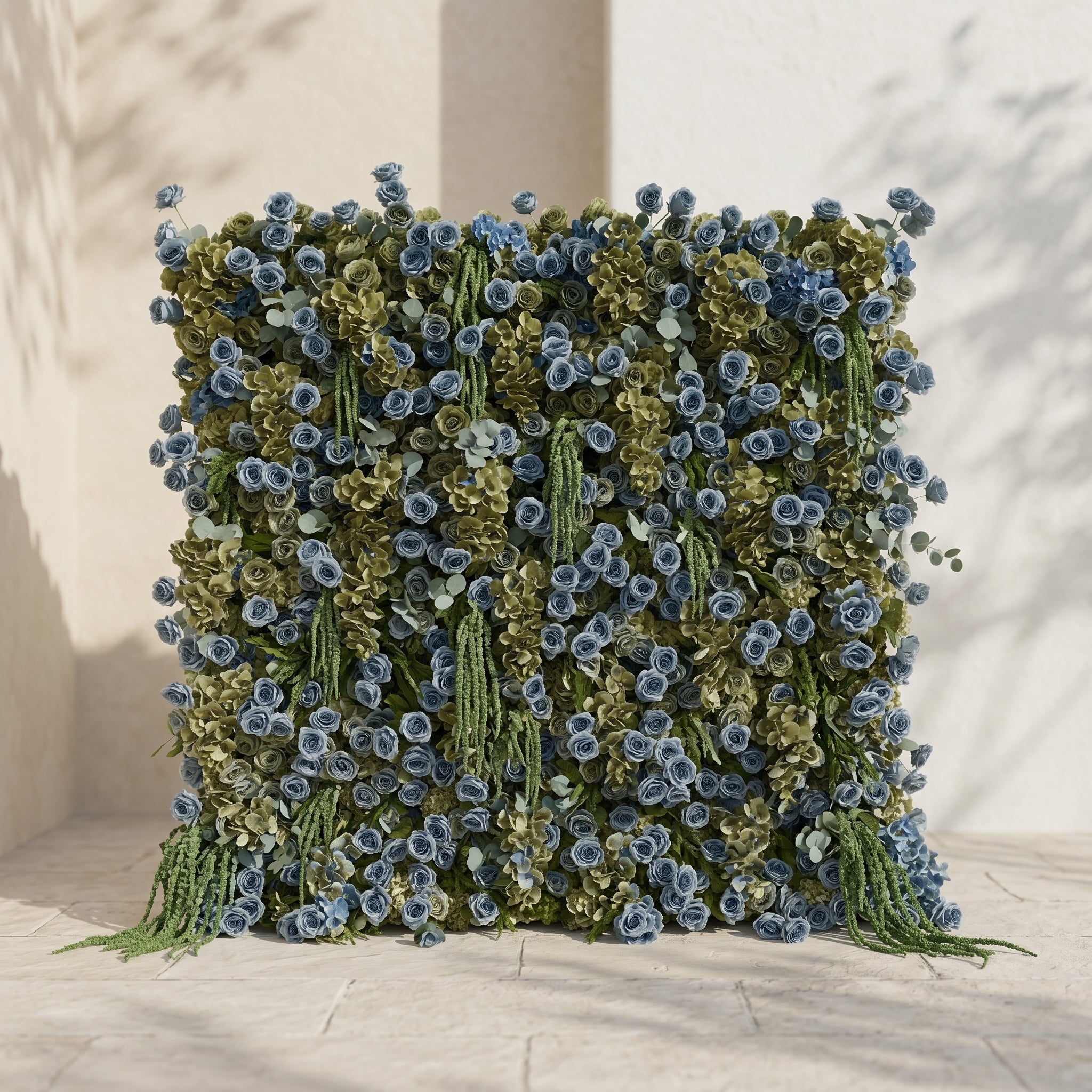 Arelbelle: Luxury 5D Dusty Blue &amp; Olive Green Silk Floral Wall Roll-Up Backdrop for Moody Elegant Weddings