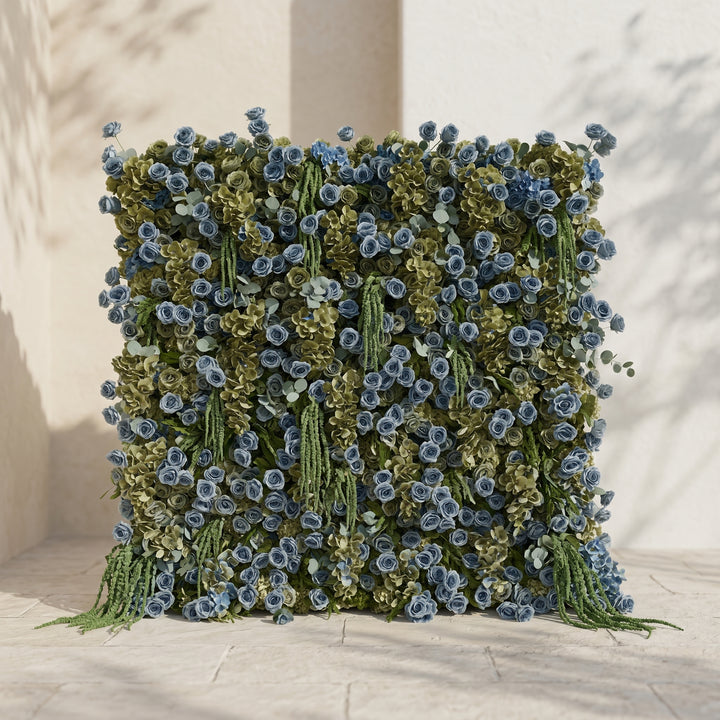 Arelbelle: Luxury 5D Dusty Blue & Olive Green Silk Floral Wall Roll-Up Backdrop for Moody Elegant Weddings