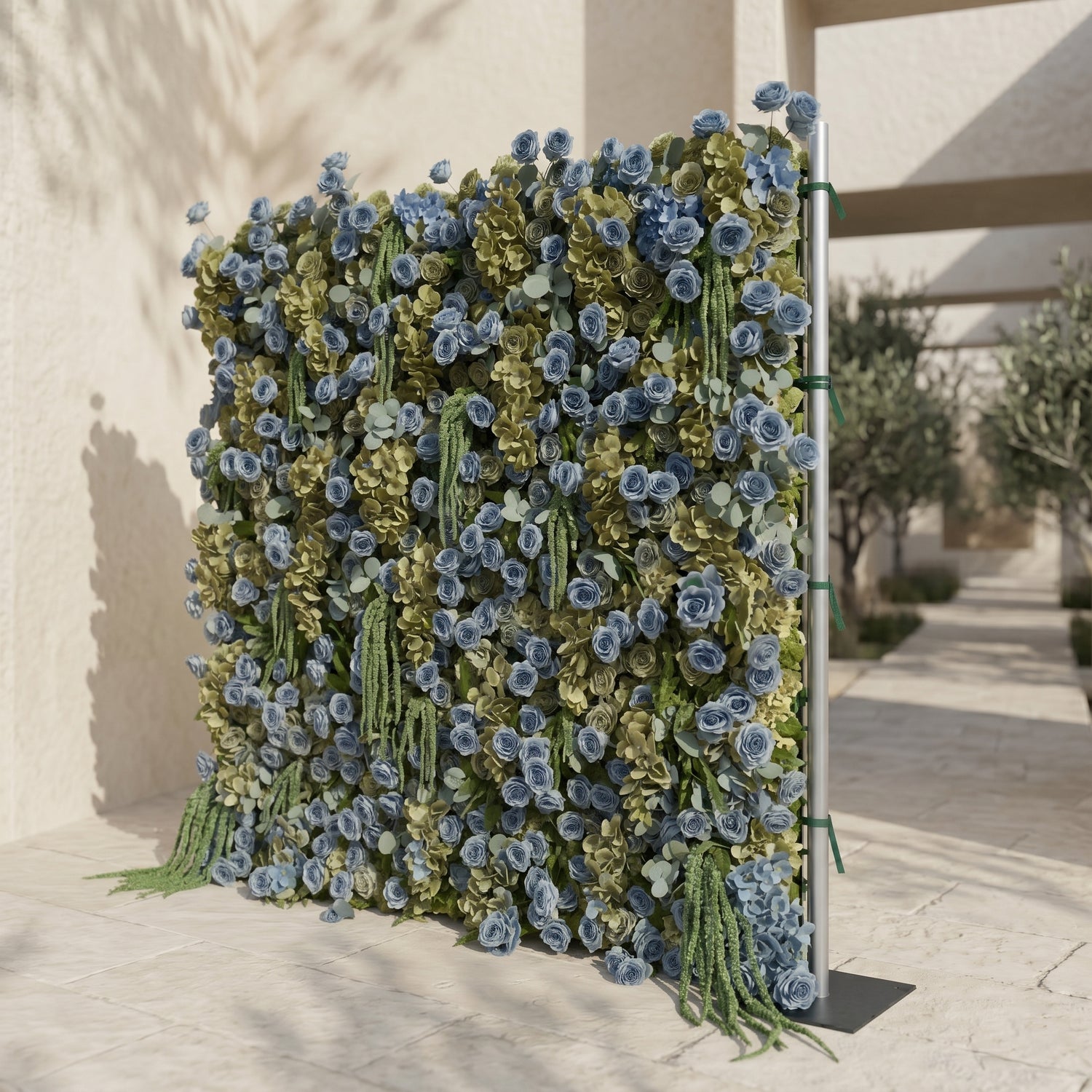 Arelbelle: Luxury 5D Dusty Blue &amp; Olive Green Silk Floral Wall Roll-Up Backdrop for Moody Elegant Weddings