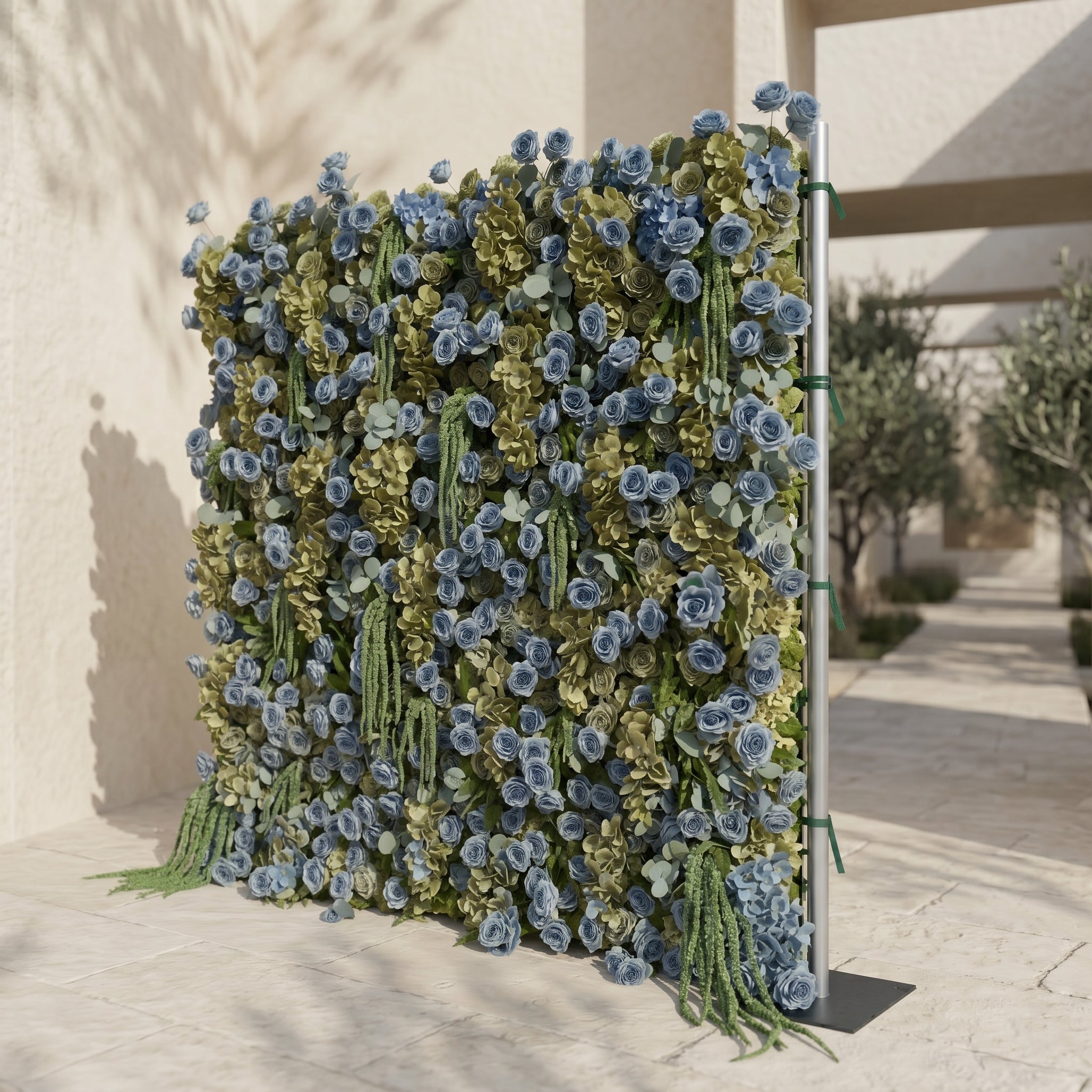 Arelbelle: Luxury 5D Dusty Blue &amp; Olive Green Silk Floral Wall Roll-Up Backdrop for Moody Elegant Weddings