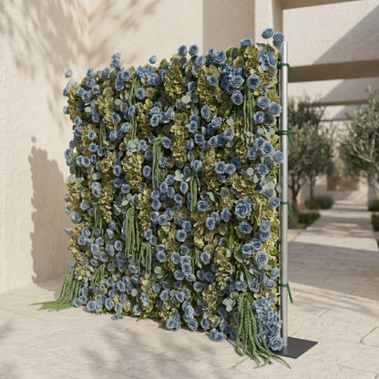 Arelbelle: Luxury 5D Dusty Blue &amp; Olive Green Silk Floral Wall Roll-Up Backdrop for Moody Elegant Weddings