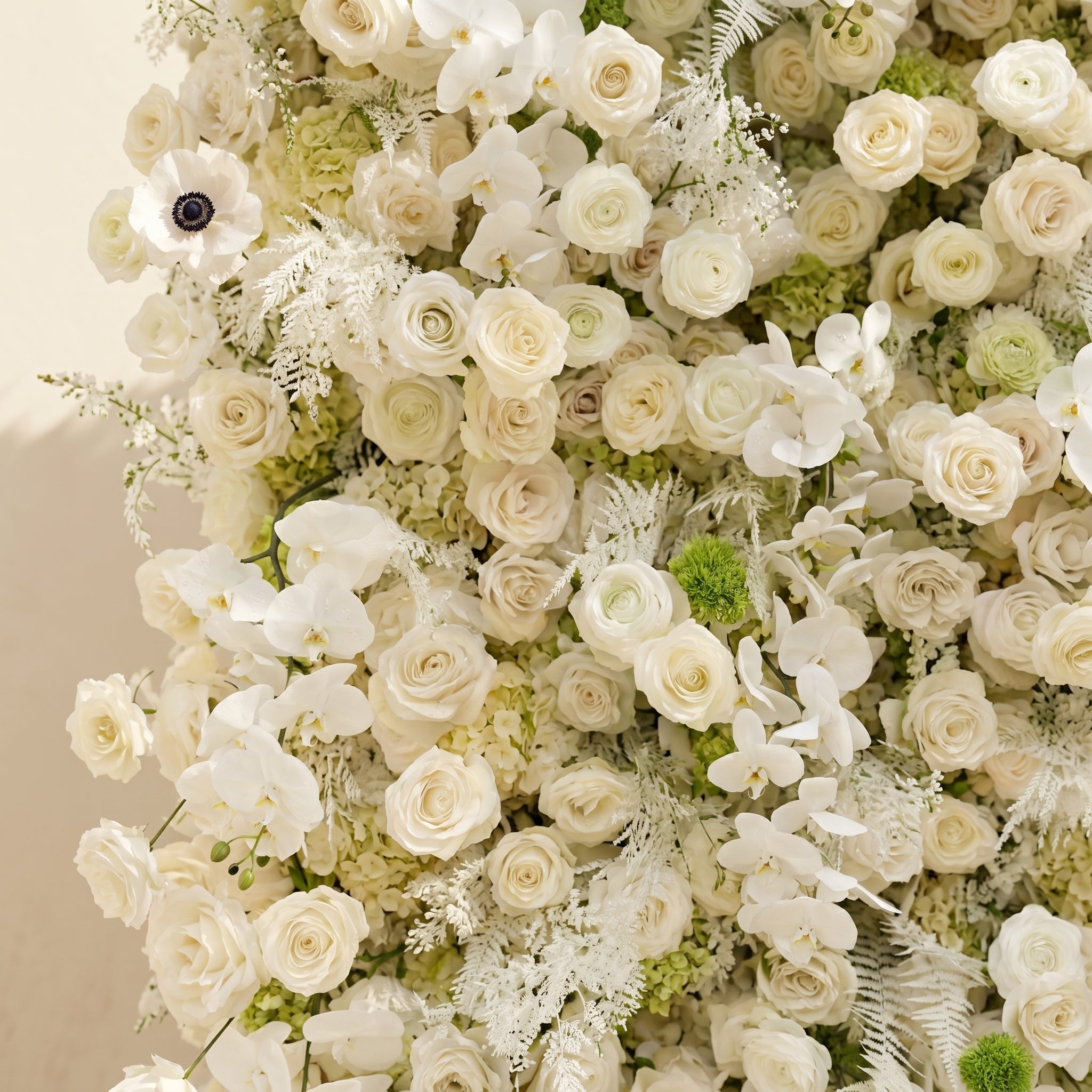 Arelette: Luxury 4D White &amp; Green Silk Floral Wall Backdrop with Premium Orchids &amp; Ranunculus for Modern Weddings