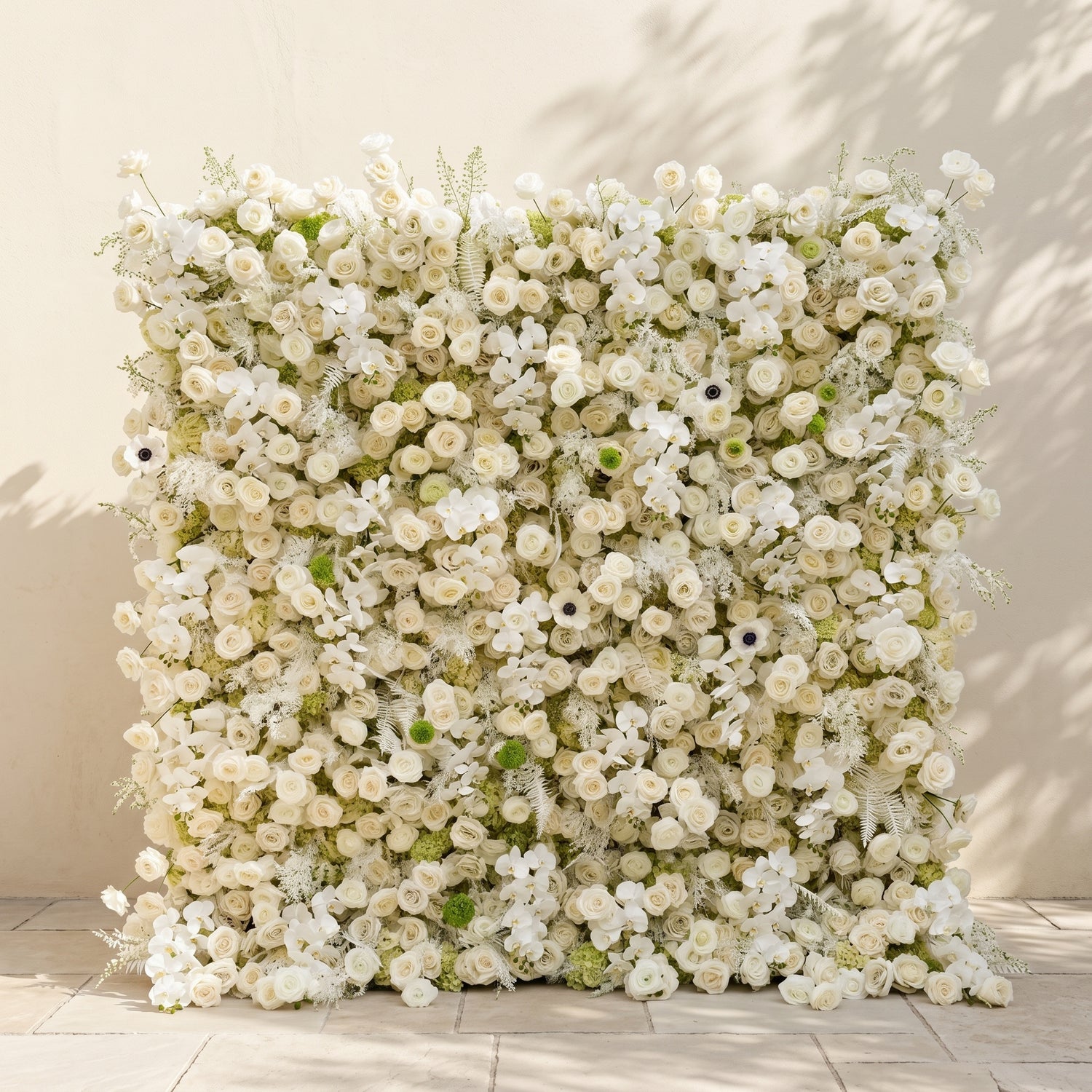 Arelette: Luxury 4D White &amp; Green Silk Floral Wall Backdrop with Premium Orchids &amp; Ranunculus for Modern Weddings