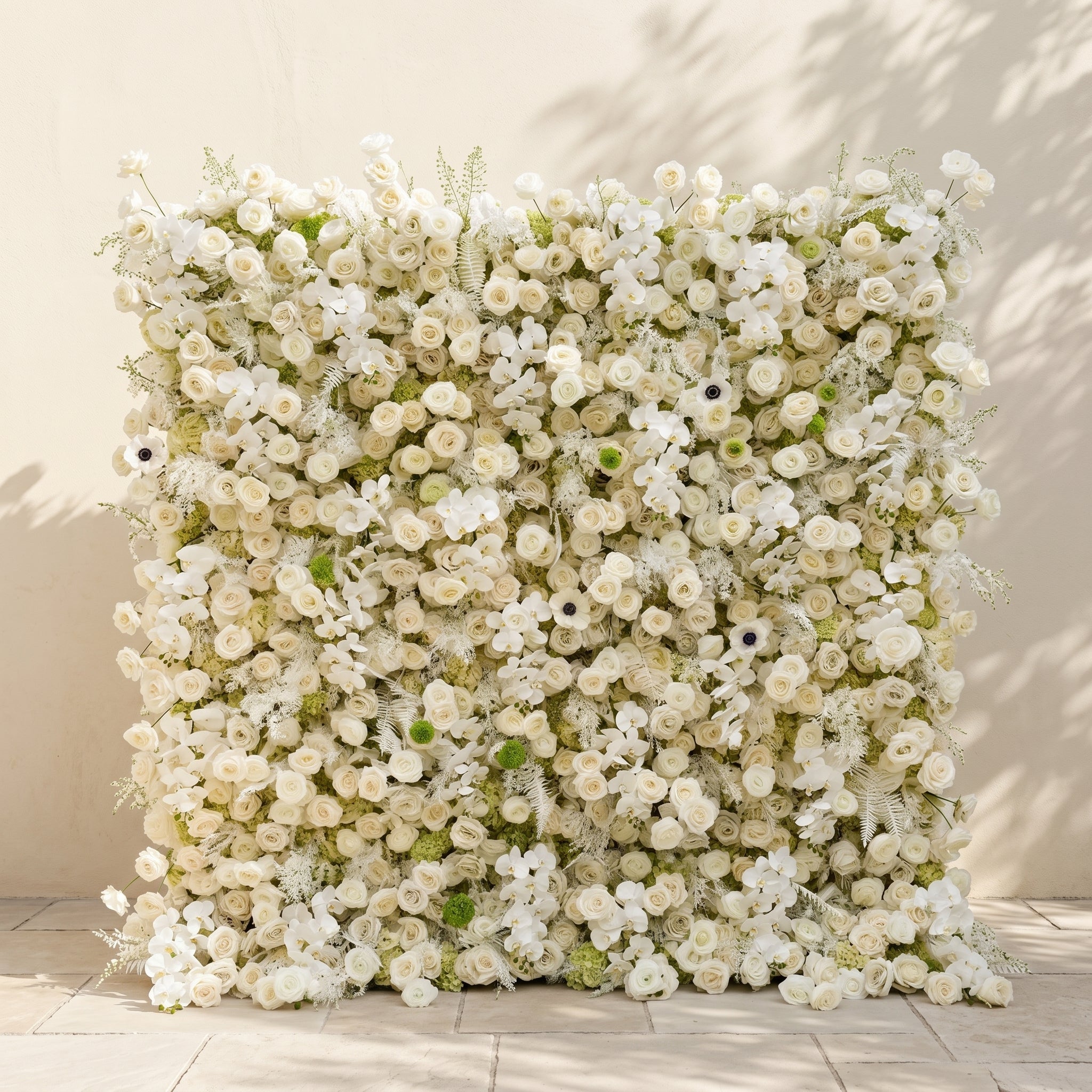 Arelette: Luxury 4D White &amp; Green Silk Floral Wall Backdrop with Premium Orchids &amp; Ranunculus for Modern Weddings