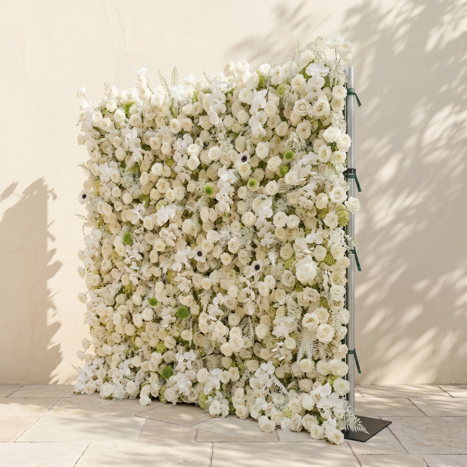 Arelette: Luxury 4D White &amp; Green Silk Floral Wall Backdrop with Premium Orchids &amp; Ranunculus for Modern Weddings