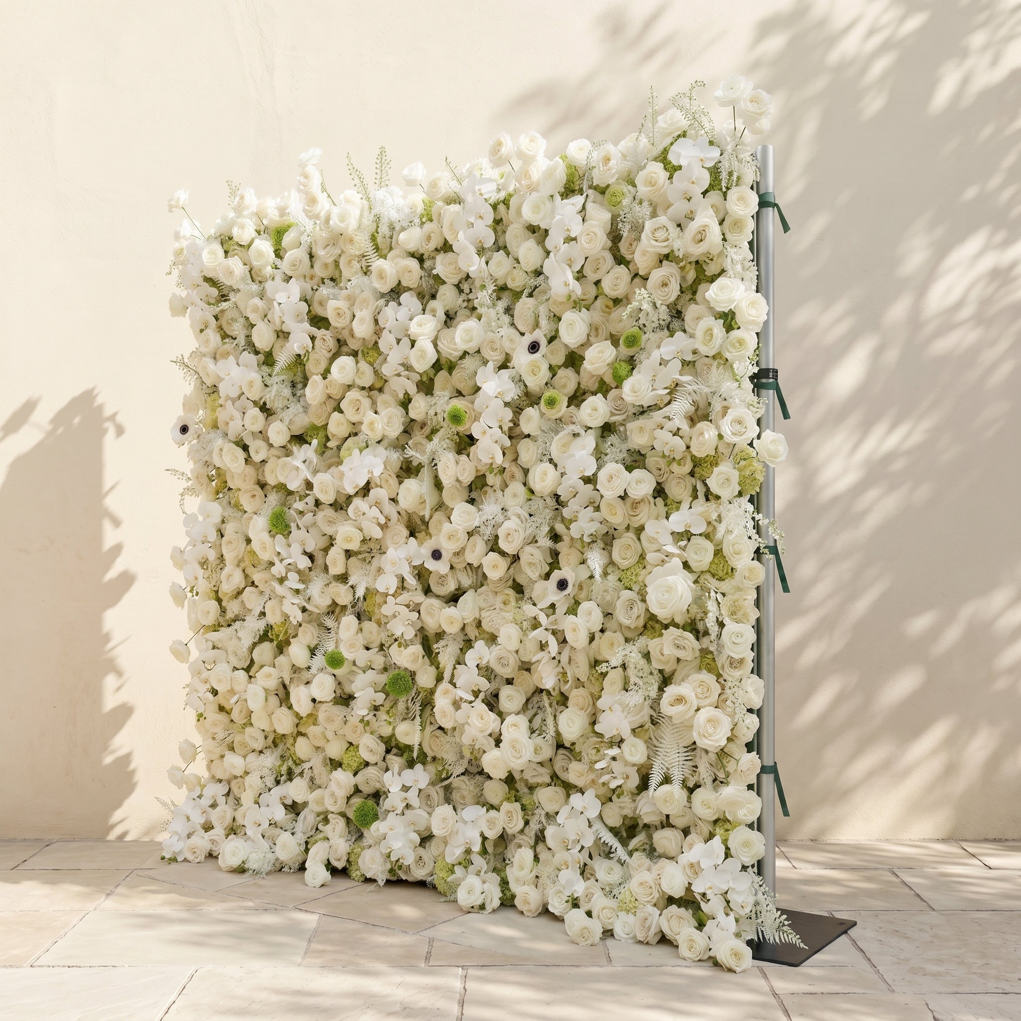 Arelette: Luxury 4D White &amp; Green Silk Floral Wall Backdrop with Premium Orchids &amp; Ranunculus for Modern Weddings