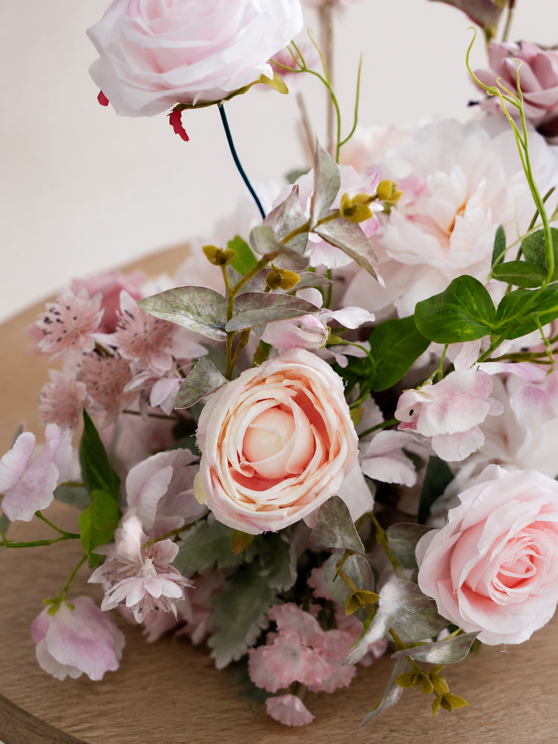 9-Inch Romantic Icy Pink Roses, Lush Spray Roses and Soft Eucalyptus Small Centerpiece for Elegant Wedding Reception Guest Tables in Romantic Blush Garden| Gianna
