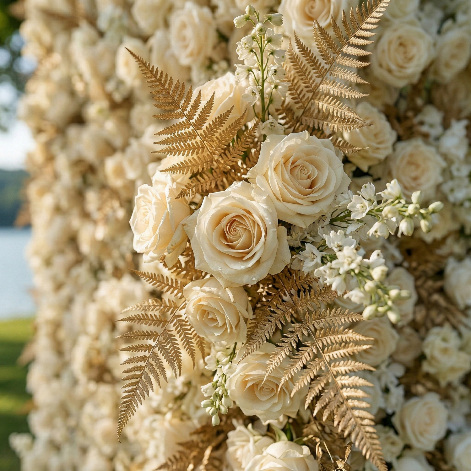 Averyn: Luxury 5D Champagne &amp; Ivory Silk Rose Flower Wall Roll-Up Fabric Backdrop for Luxury Wedding&amp;Grand Ballroom Decor