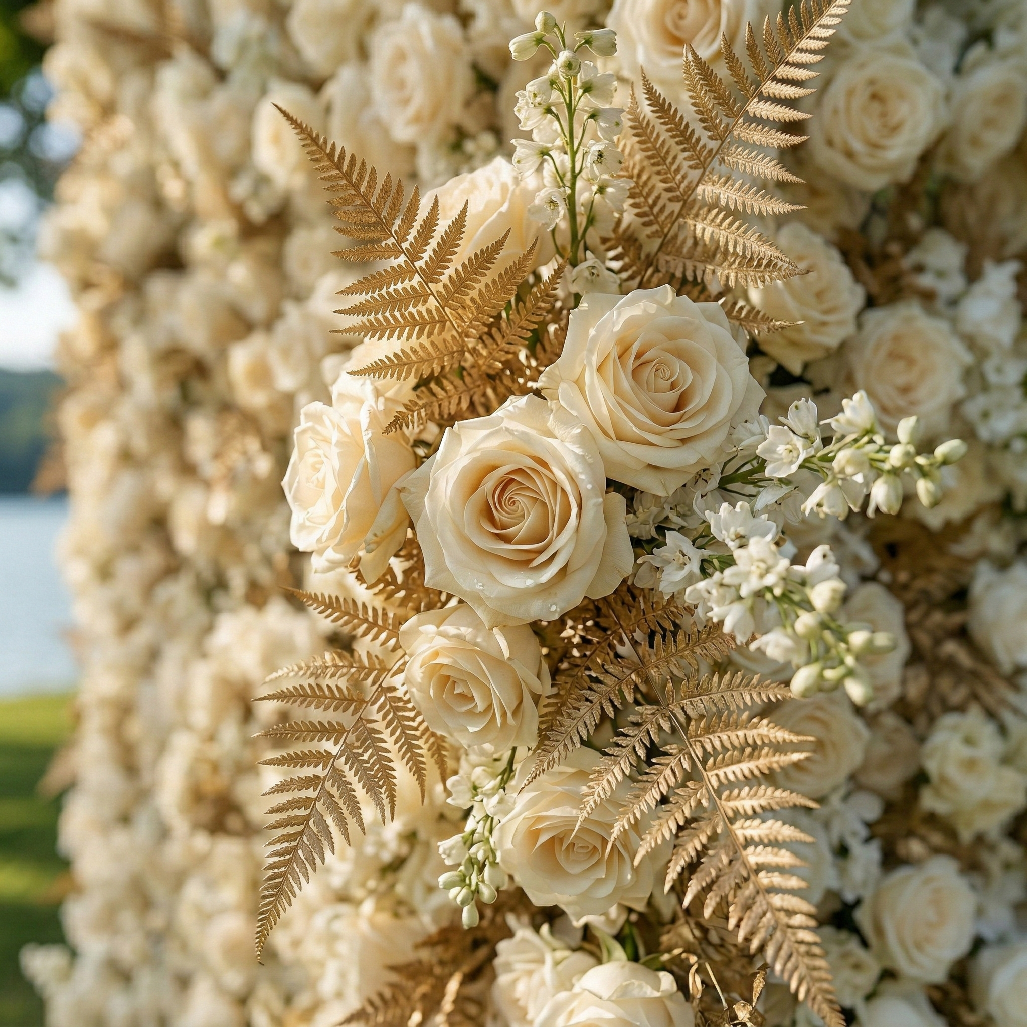 Averyn: Luxury 5D Champagne &amp; Ivory Silk Rose Flower Wall Roll-Up Fabric Backdrop for Luxury Wedding&amp;Grand Ballroom Decor