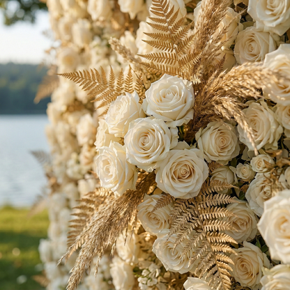 Averyn: Luxury 5D Champagne &amp; Ivory Silk Rose Flower Wall Roll-Up Fabric Backdrop for Luxury Wedding&amp;Grand Ballroom Decor