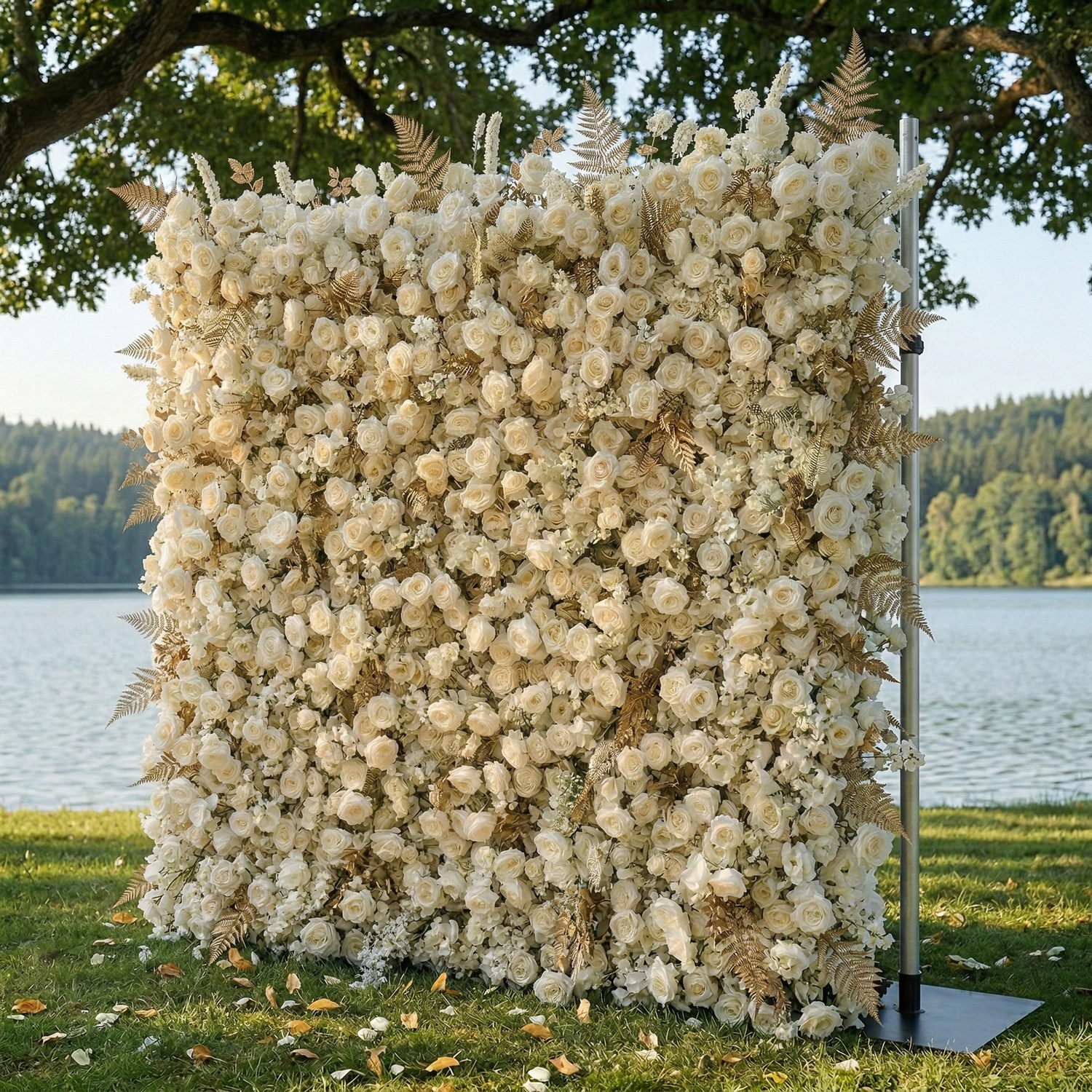 Averyn: Luxury 5D Champagne &amp; Ivory Silk Rose Flower Wall Roll-Up Fabric Backdrop for Luxury Wedding&amp;Grand Ballroom Decor