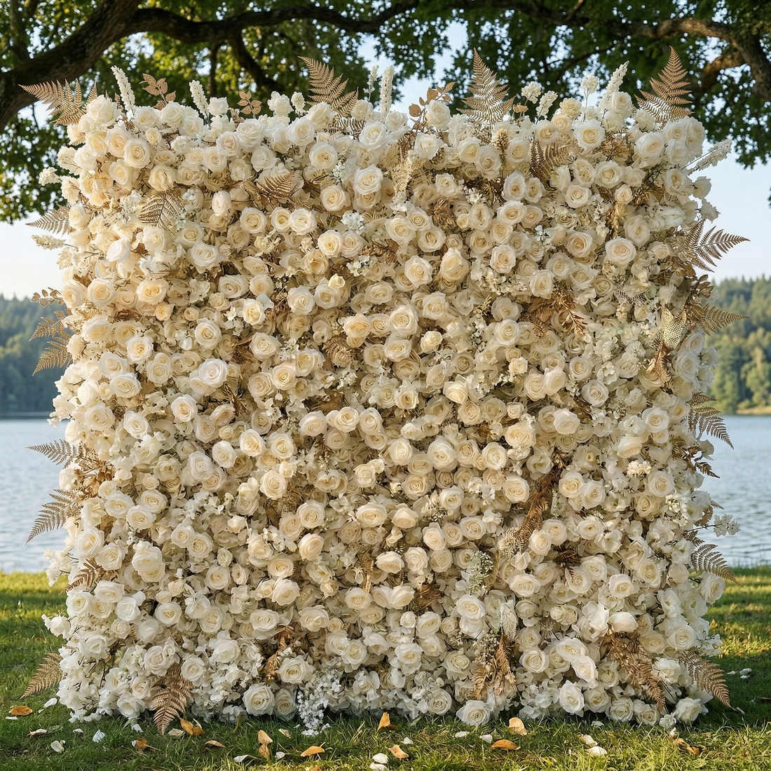 Averyn: Luxury 5D Champagne &amp; Ivory Silk Rose Flower Wall Roll-Up Fabric Backdrop for Luxury Wedding&amp;Grand Ballroom Decor