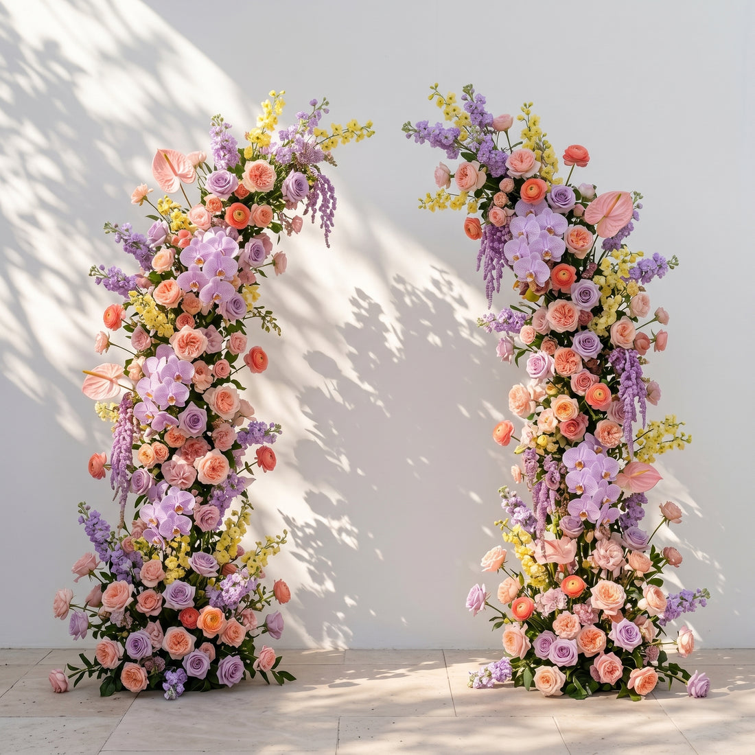 Brimira: Luxury Lavender Purple, Peach Orange &amp; Blush Pink Silk Floral Ground Horn Arch Arrangement with Soft Blue Orchid &amp; Lush Cascading Greenery for Romantic Minimalist Weddings &amp; Garden Event Decor Including Frame