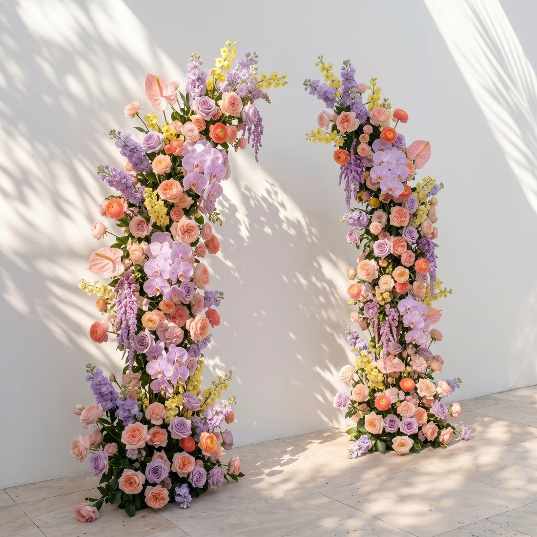 Brimira: Luxury Lavender Purple, Peach Orange &amp; Blush Pink Silk Floral Ground Horn Arch Arrangement with Soft Blue Orchid &amp; Lush Cascading Greenery for Romantic Minimalist Weddings &amp; Garden Event Decor Including Frame