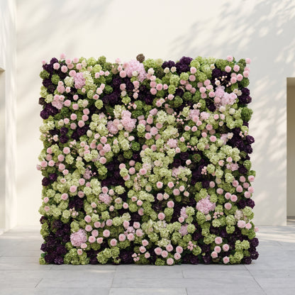 Brina: Luxury 5D Dark Purple &amp; Lime Green Silk Floral Wall Roll-Up Fabric Backdrop for Elegant Weddings &amp; Galas