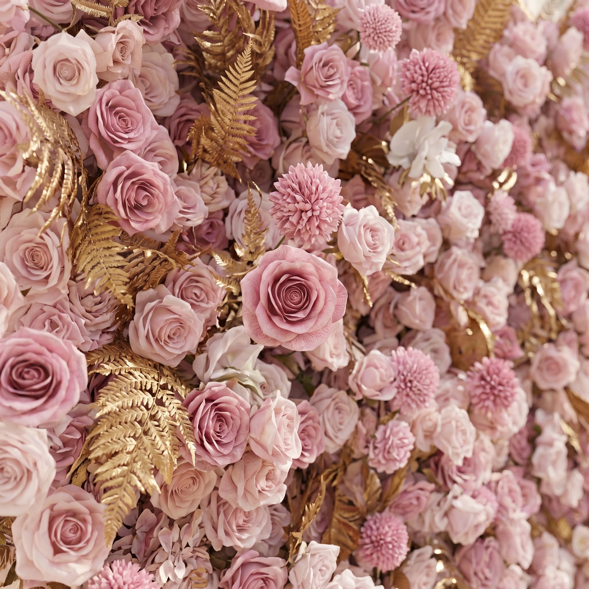 Caelina:Opulent 5D All-Pink Floral Wall with Gold Fern Accents Roll-Up Backdrop for Whimsical Bridal Events