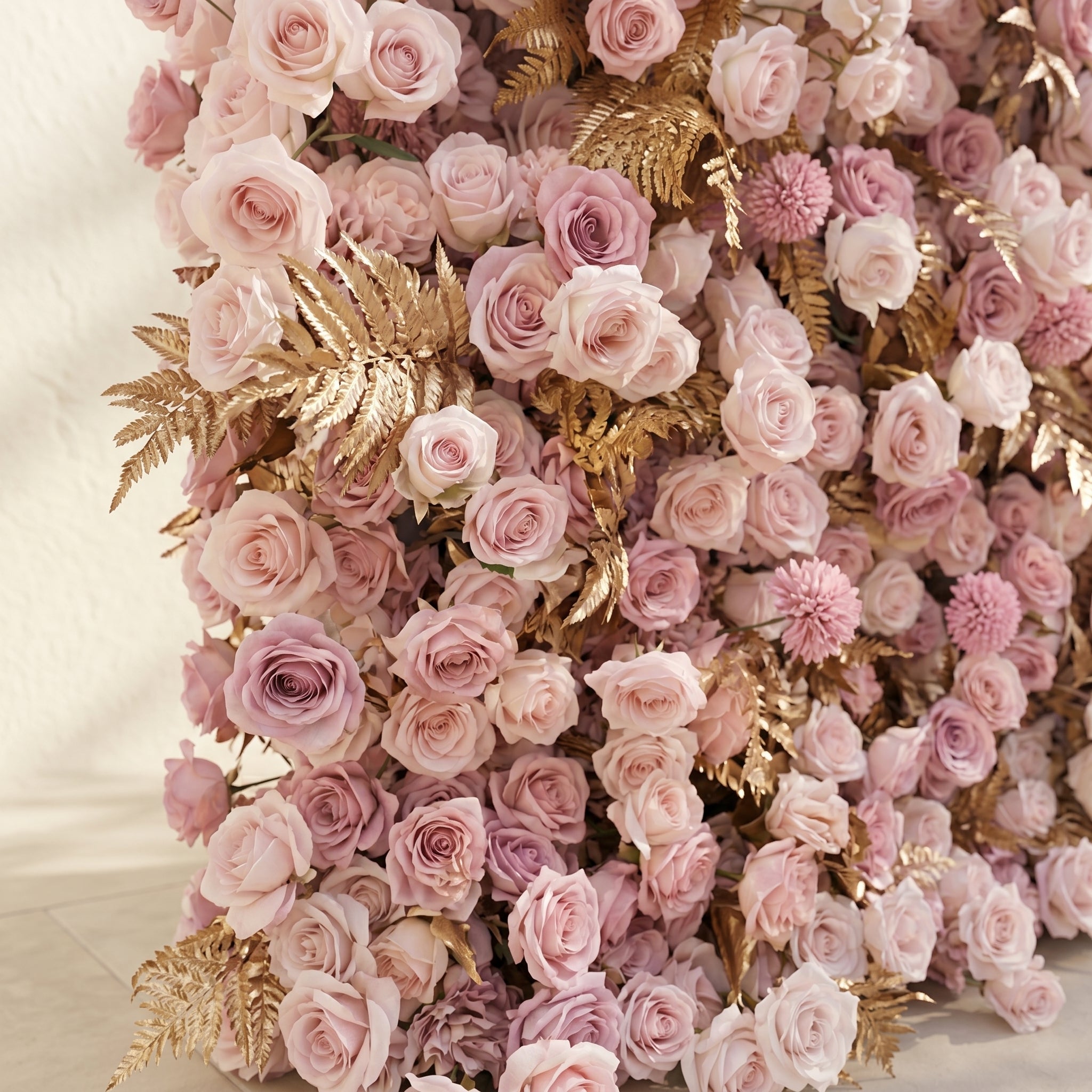 Caelina:Opulent 5D All-Pink Floral Wall with Gold Fern Accents Roll-Up Backdrop for Whimsical Bridal Events