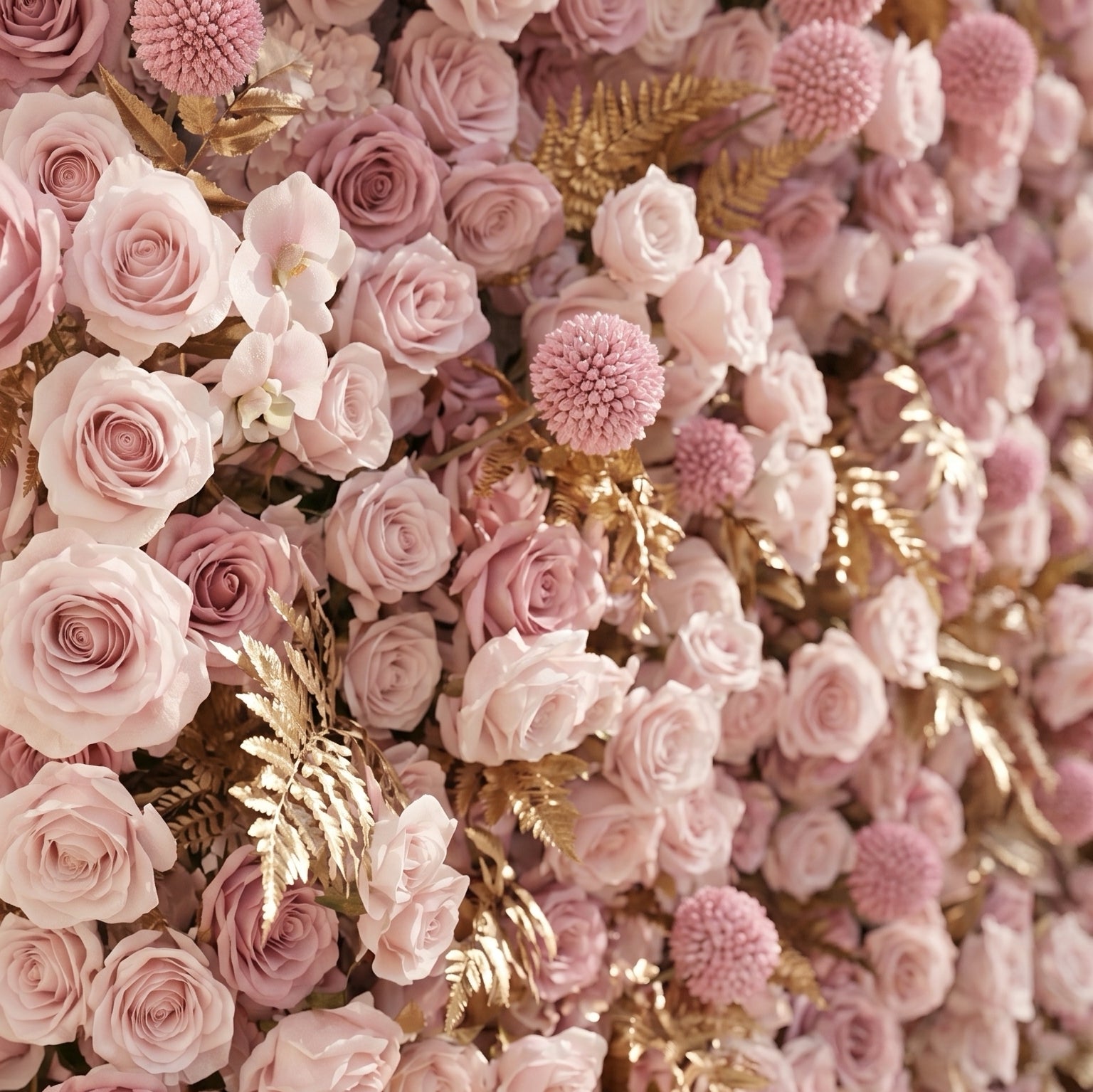 Caelina:Opulent 5D All-Pink Floral Wall with Gold Fern Accents Roll-Up Backdrop for Whimsical Bridal Events