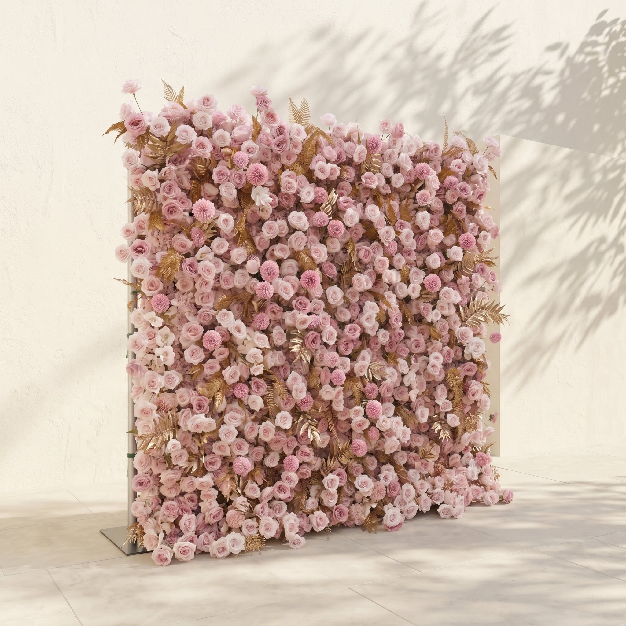 Caelina:Opulent 5D All-Pink Floral Wall with Gold Fern Accents Roll-Up Backdrop for Whimsical Bridal Events