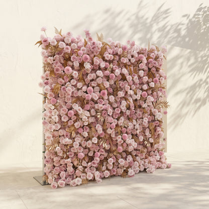 Caelina:Opulent 5D All-Pink Floral Wall with Gold Fern Accents Roll-Up Backdrop for Whimsical Bridal Events