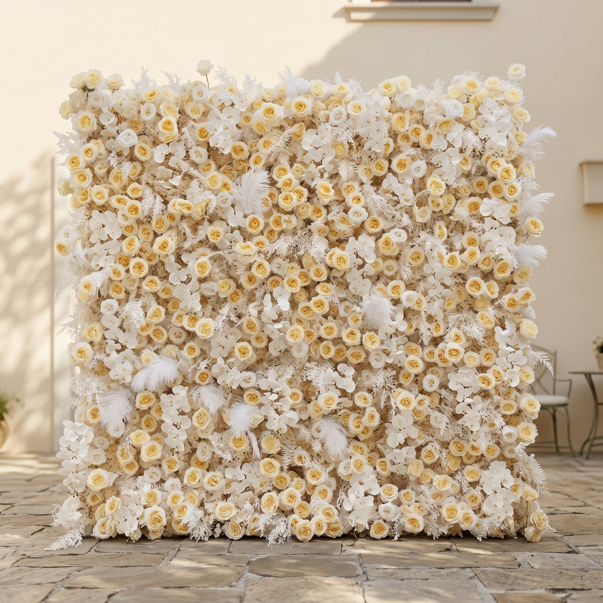 Caelsira: Luxury 5D Champagne & Cream Silk Rose Flower Wall Roll-Up Fabric Backdrop for Grand Estate Weddings