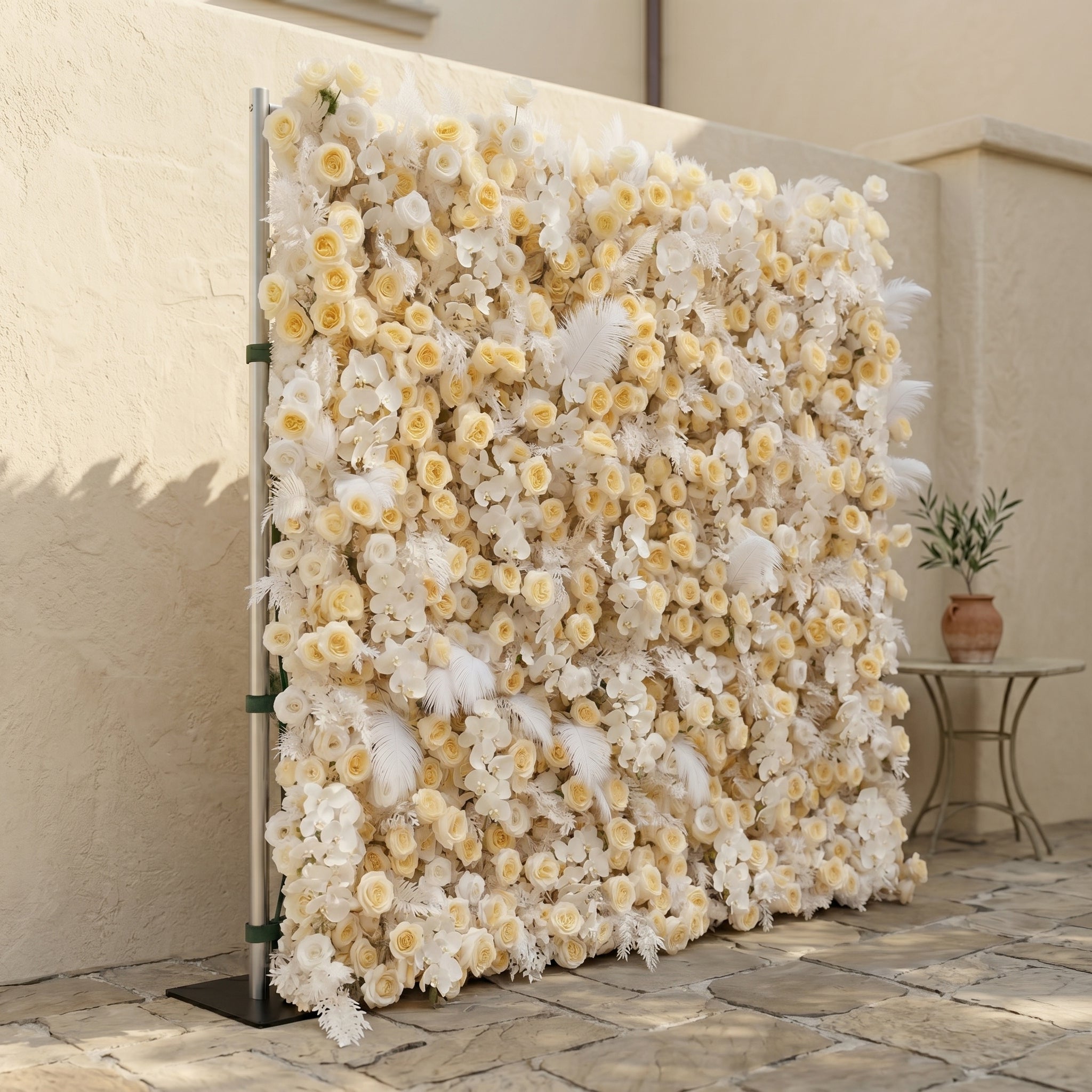 Caelsira: Luxury 5D Champagne &amp; Cream Silk Rose Flower Wall Roll-Up Fabric Backdrop for Grand Estate Weddings
