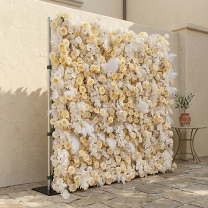 Caelsira: Luxury 5D Champagne &amp; Cream Silk Rose Flower Wall Roll-Up Fabric Backdrop for Grand Estate Weddings