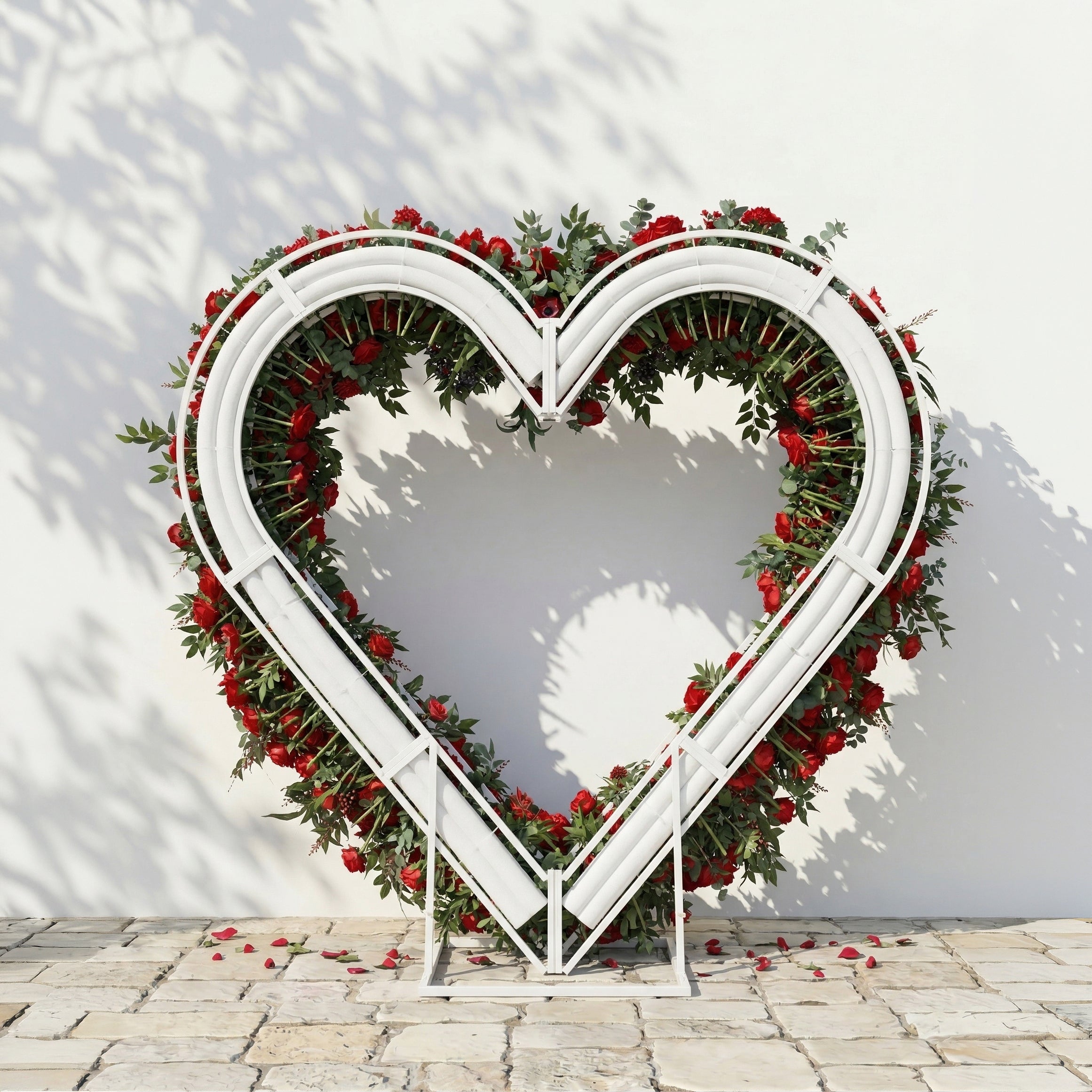 Calivra: Luxury Red Flower Heart Arch with Lush Greenery for Proposal and Valentine&