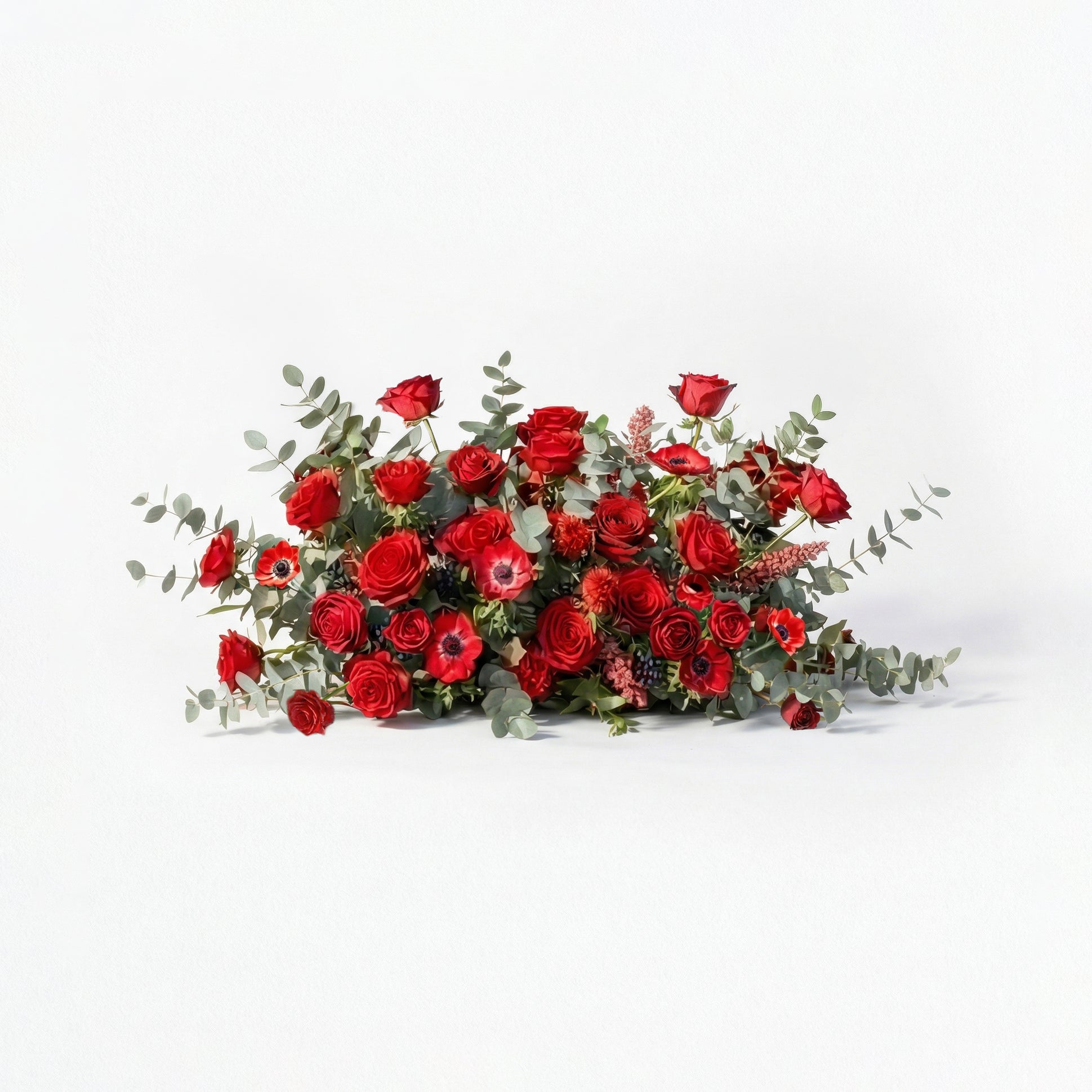 Calivra: Luxury Red Flower Heart Arch with Lush Greenery for Proposal and Valentine&