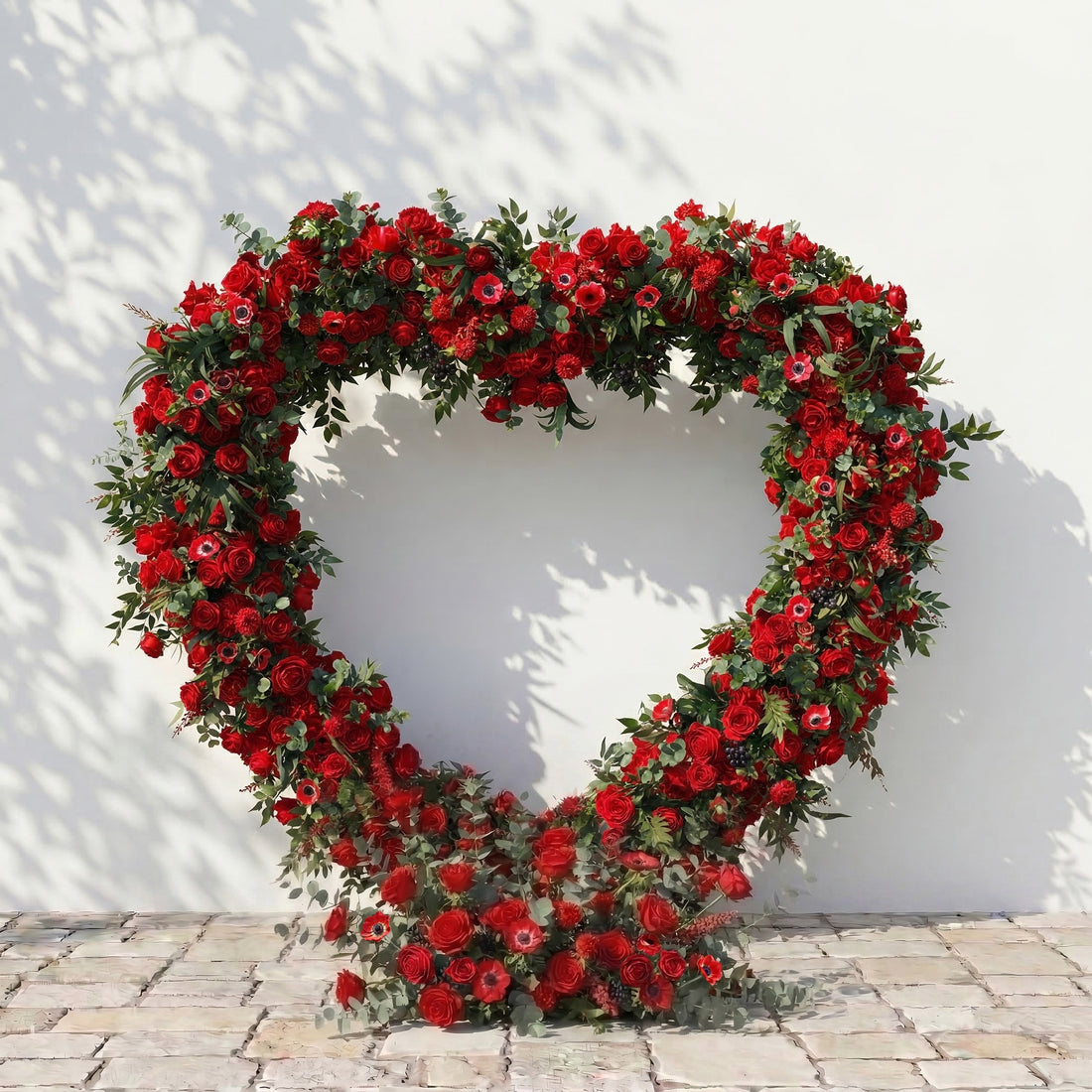 Calivra: Luxury Red Flower Heart Arch with Lush Greenery for Proposal and Valentine&