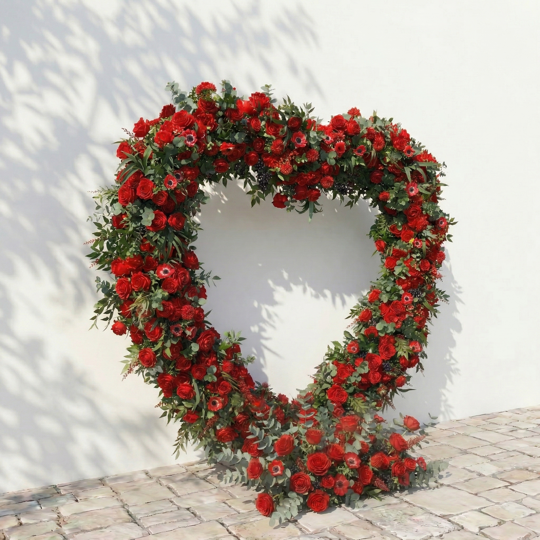 Calivra: Luxury Red Flower Heart Arch with Lush Greenery for Proposal and Valentine&