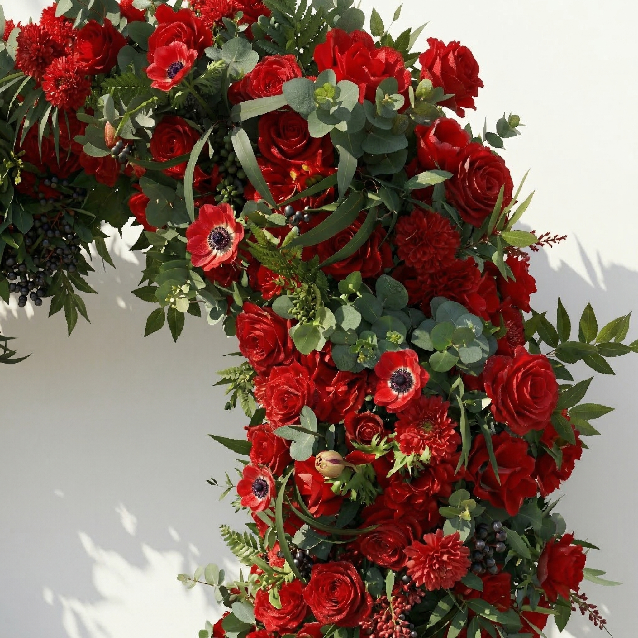 Calivra: Luxury Red Flower Heart Arch with Lush Greenery for Proposal and Valentine&