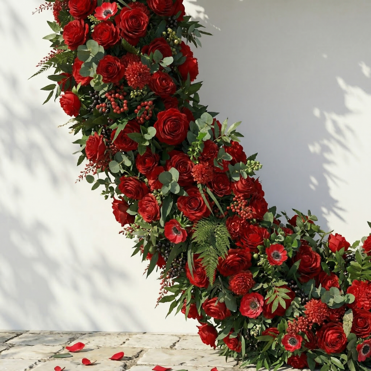 Calivra: Luxury Red Flower Heart Arch with Lush Greenery for Proposal and Valentine&