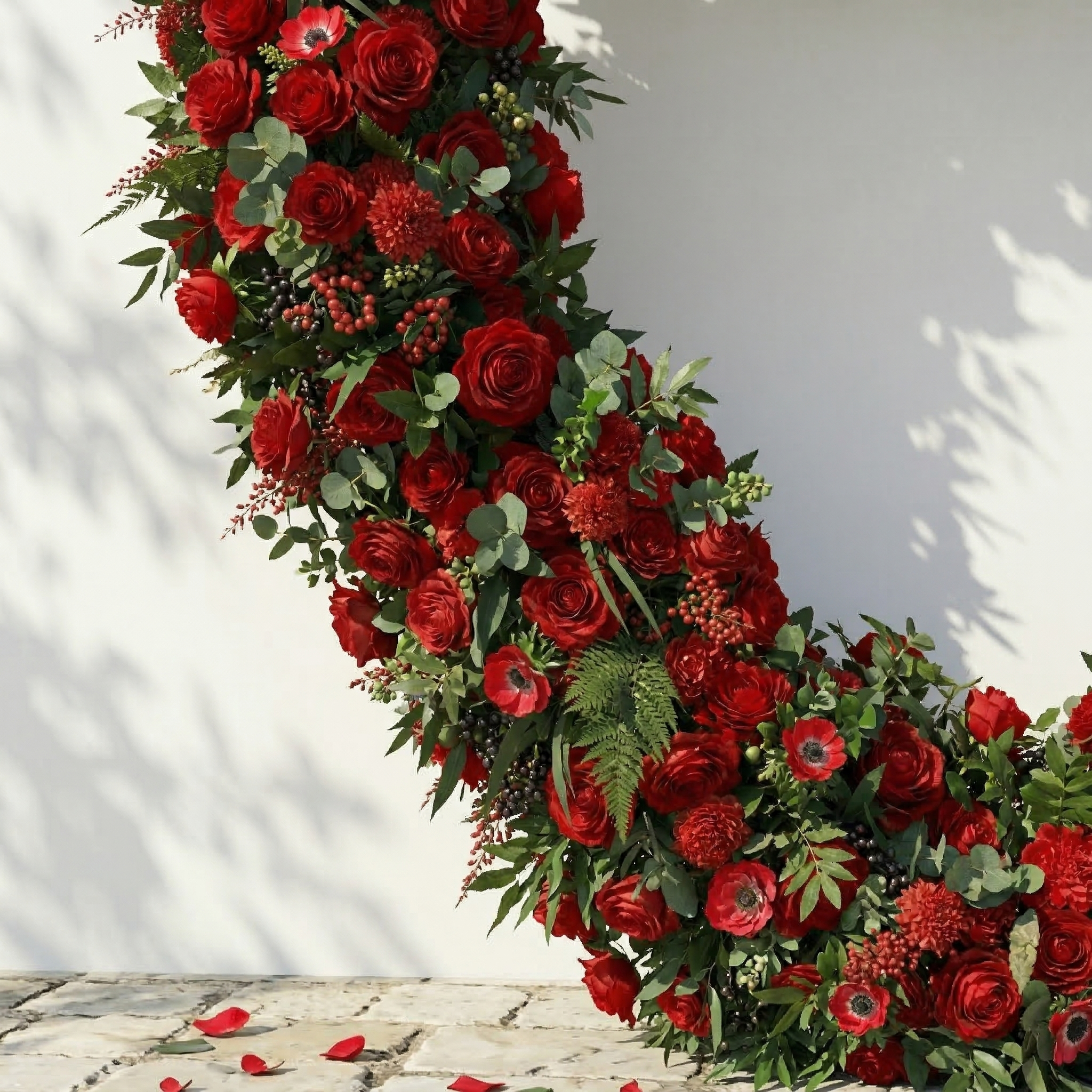 Calivra: Luxury Red Flower Heart Arch with Lush Greenery for Proposal and Valentine&