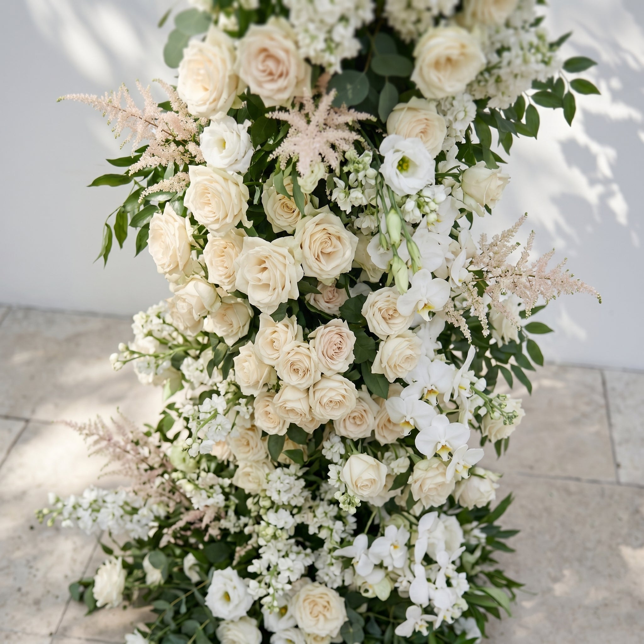 Calnora: Luxury Ivory White, Cream &amp; Fresh Green Silk Floral Ground Horn Arch Arrangement with Flowing Cascading Astilbe Greenery for Romantic Minimalist Weddings &amp; Garden Event Decor Including Frame