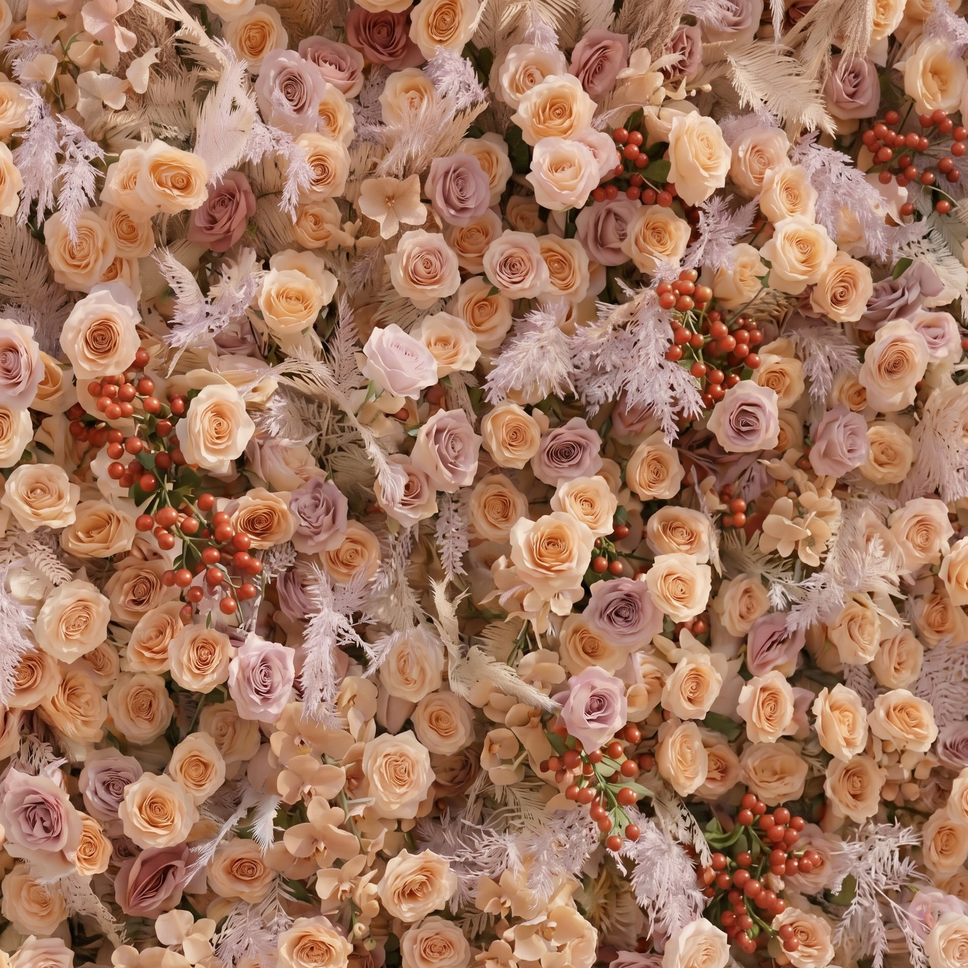 Valsira: Luxury 5D Champagne &amp; Peach Silk Rose Flower Wall with Autumn Berries for Romantic Manor Weddings