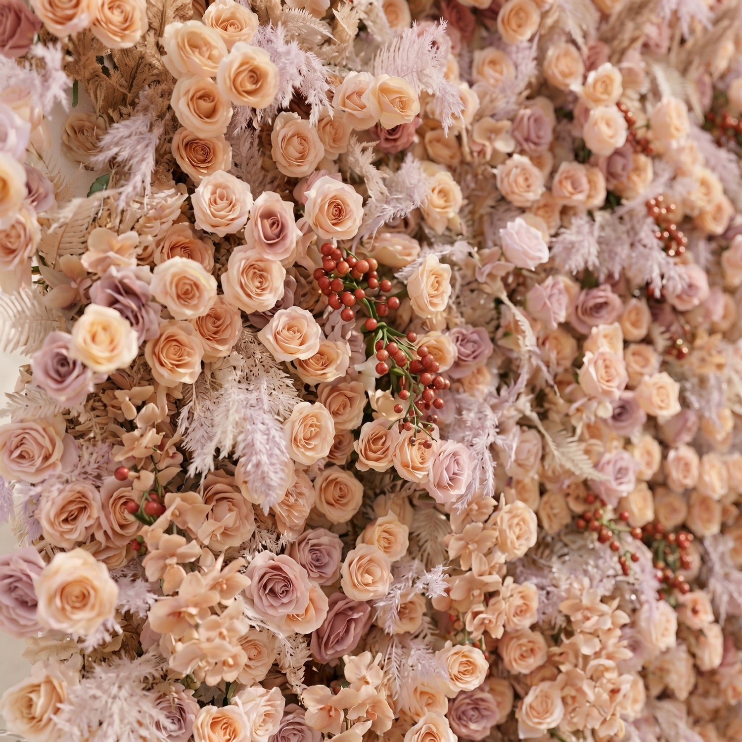 Valsira: Luxury 5D Champagne &amp; Peach Silk Rose Flower Wall with Autumn Berries for Romantic Manor Weddings