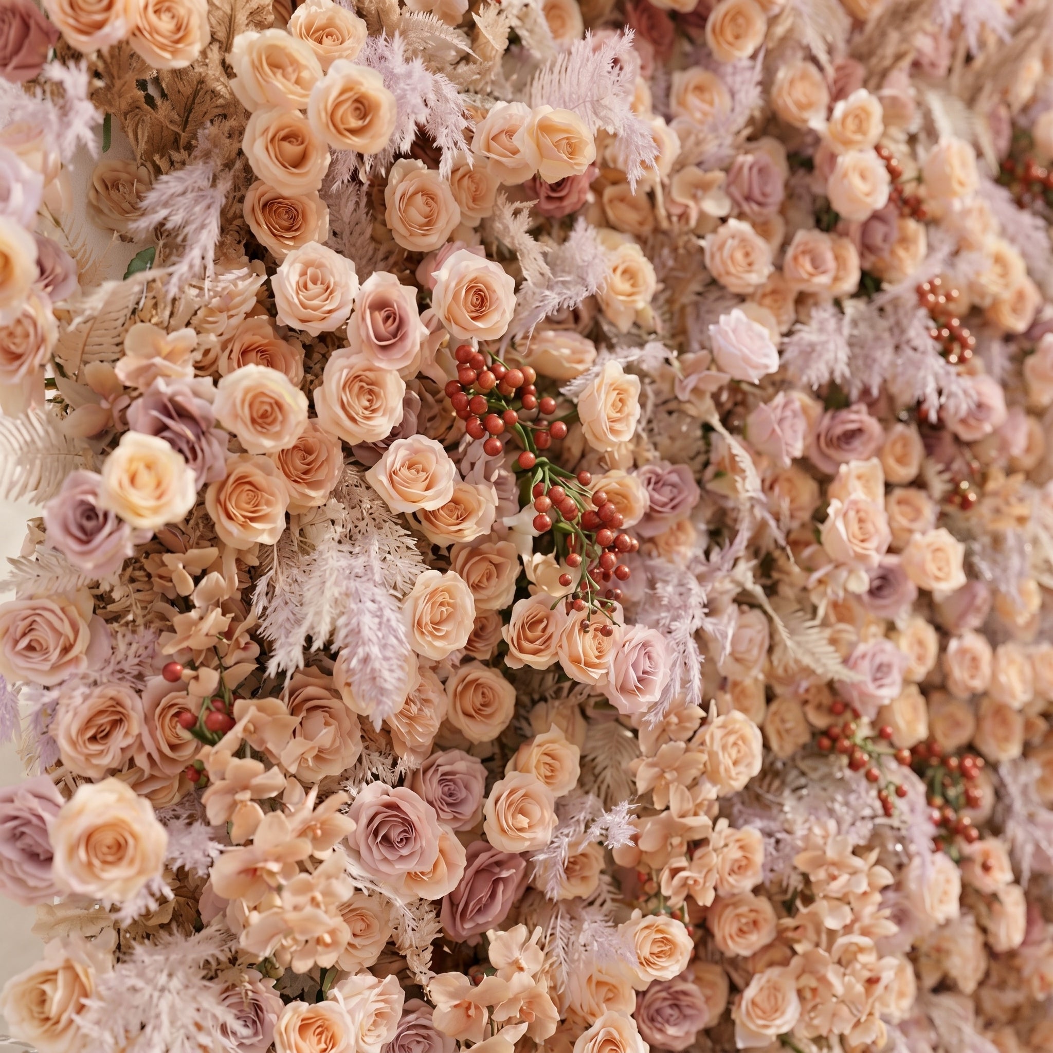 Valsira: Luxury 5D Champagne &amp; Peach Silk Rose Flower Wall with Autumn Berries for Romantic Manor Weddings