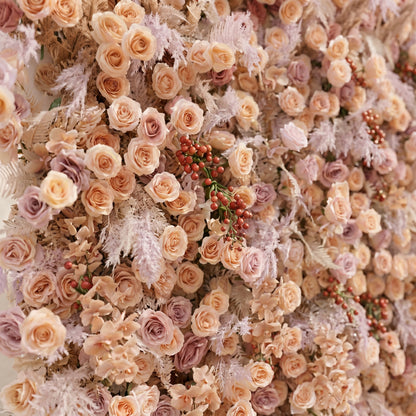 Valsira: Luxury 5D Champagne &amp; Peach Silk Rose Flower Wall with Autumn Berries for Romantic Manor Weddings