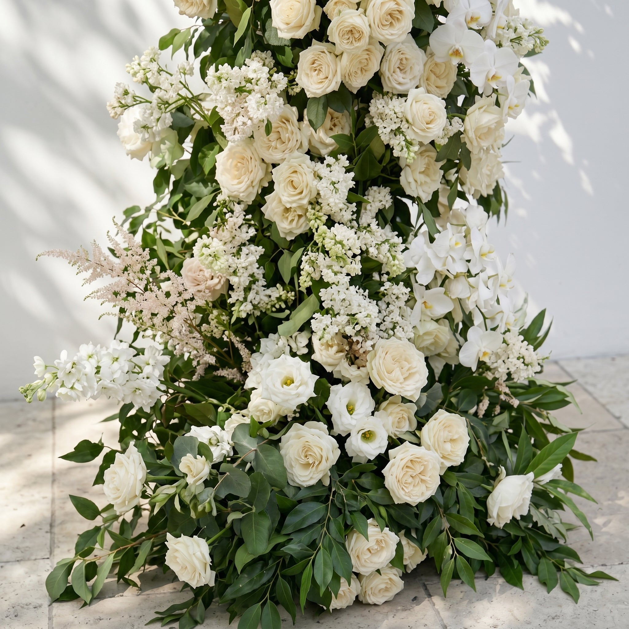 Calnora: Luxury Ivory White, Cream &amp; Fresh Green Silk Floral Ground Horn Arch Arrangement with Flowing Cascading Astilbe Greenery for Romantic Minimalist Weddings &amp; Garden Event Decor Including Frame