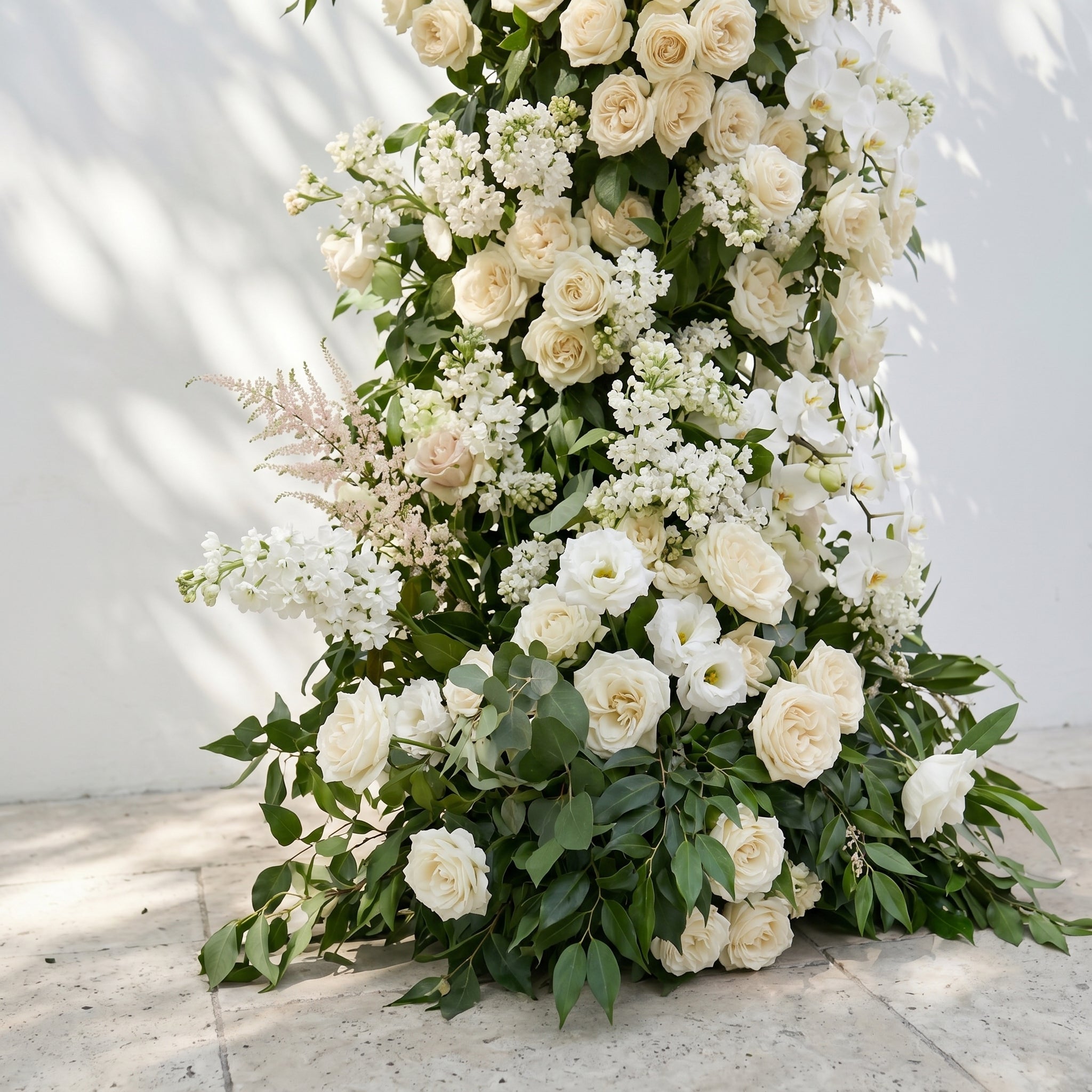 Calnora: Luxury Ivory White, Cream &amp; Fresh Green Silk Floral Ground Horn Arch Arrangement with Flowing Cascading Astilbe Greenery for Romantic Minimalist Weddings &amp; Garden Event Decor Including Frame