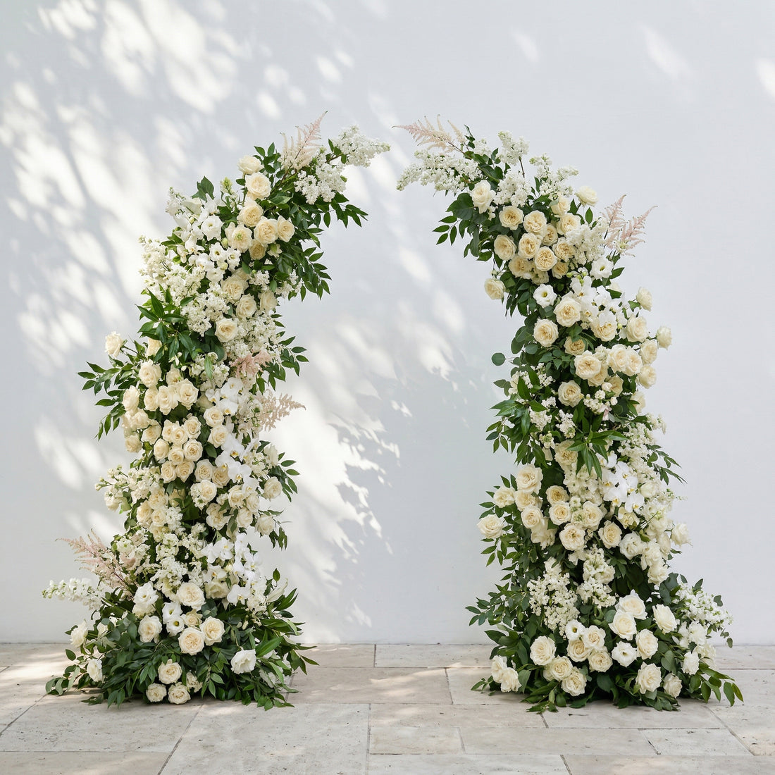 Calnora: Luxury Ivory White, Cream &amp; Fresh Green Silk Floral Ground Horn Arch Arrangement with Flowing Cascading Astilbe Greenery for Romantic Minimalist Weddings &amp; Garden Event Decor Including Frame