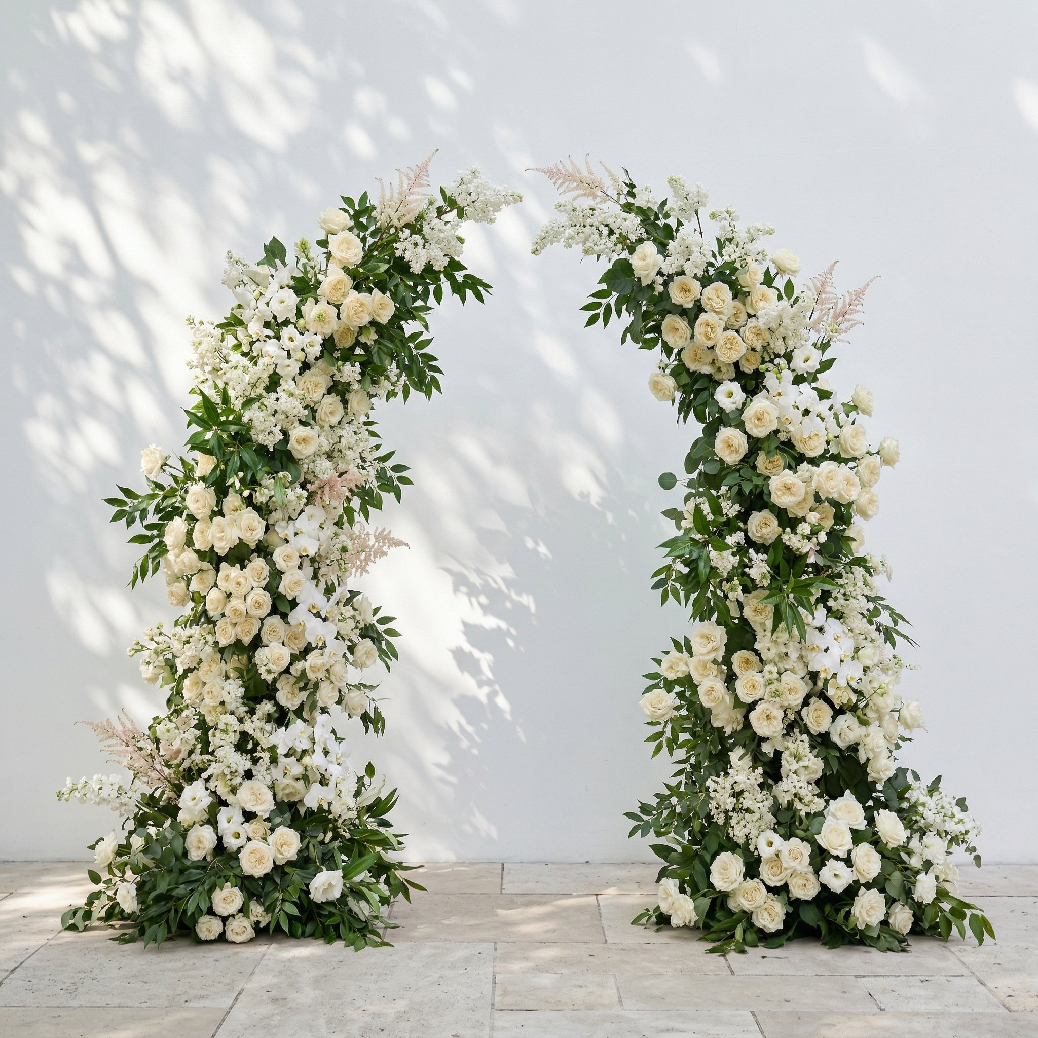 Calnora: Luxury Ivory White, Cream &amp; Fresh Green Silk Floral Ground Horn Arch Arrangement with Flowing Cascading Astilbe Greenery for Romantic Minimalist Weddings &amp; Garden Event Decor Including Frame