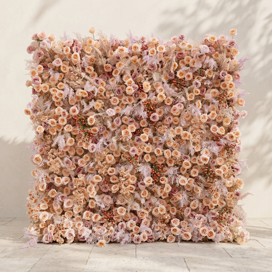 Valsira: Luxury 5D Champagne &amp; Peach Silk Rose Flower Wall with Autumn Berries for Romantic Manor Weddings