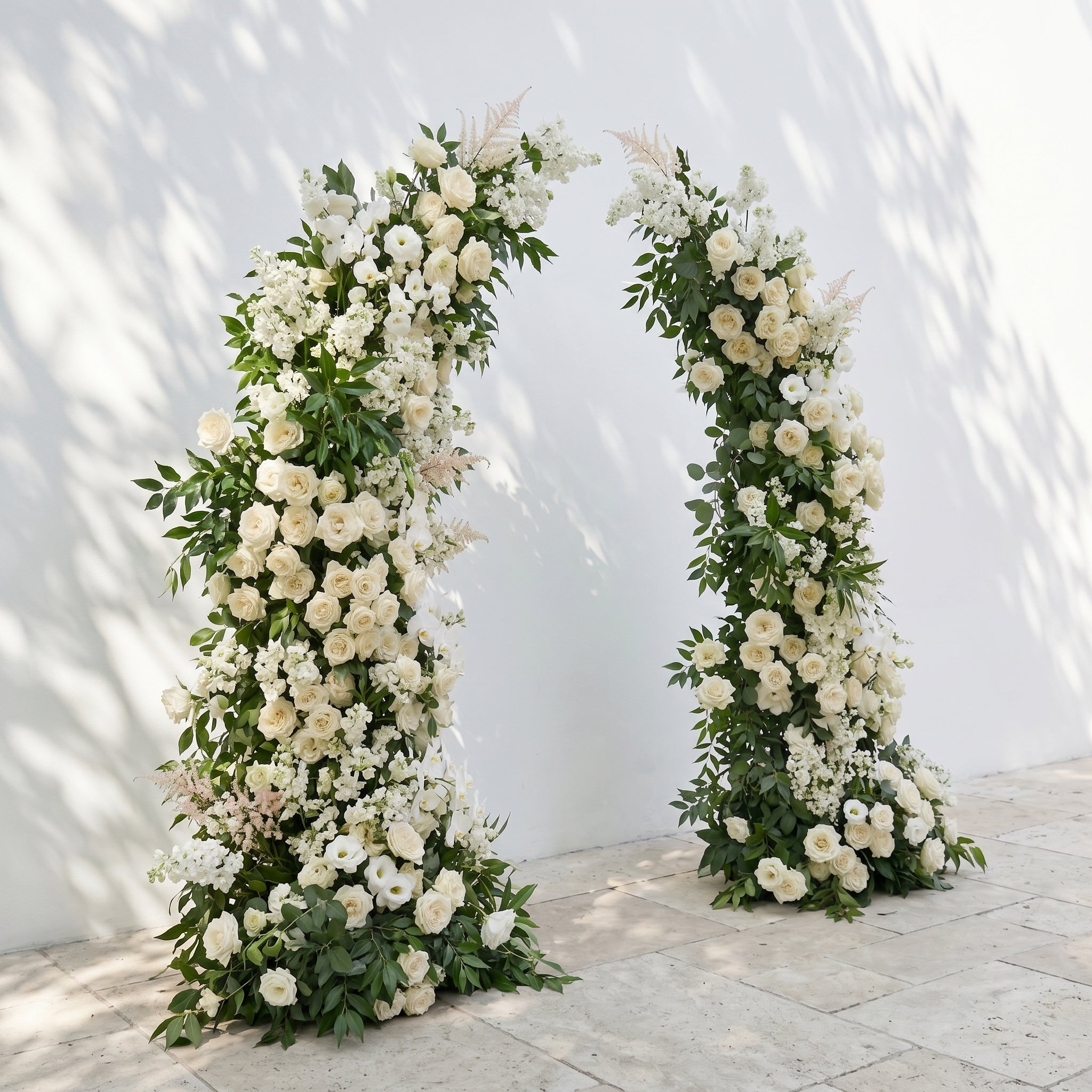 Calnora: Luxury Ivory White, Cream &amp; Fresh Green Silk Floral Ground Horn Arch Arrangement with Flowing Cascading Astilbe Greenery for Romantic Minimalist Weddings &amp; Garden Event Decor Including Frame